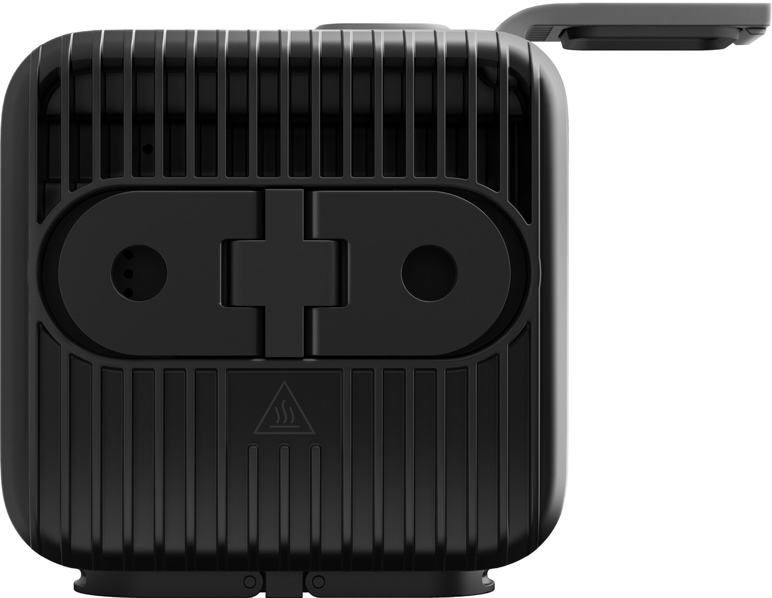 Un radiateur portable carré noir avec un couvercle supérieur ouvert, montrant l'élément chauffant et les évents.