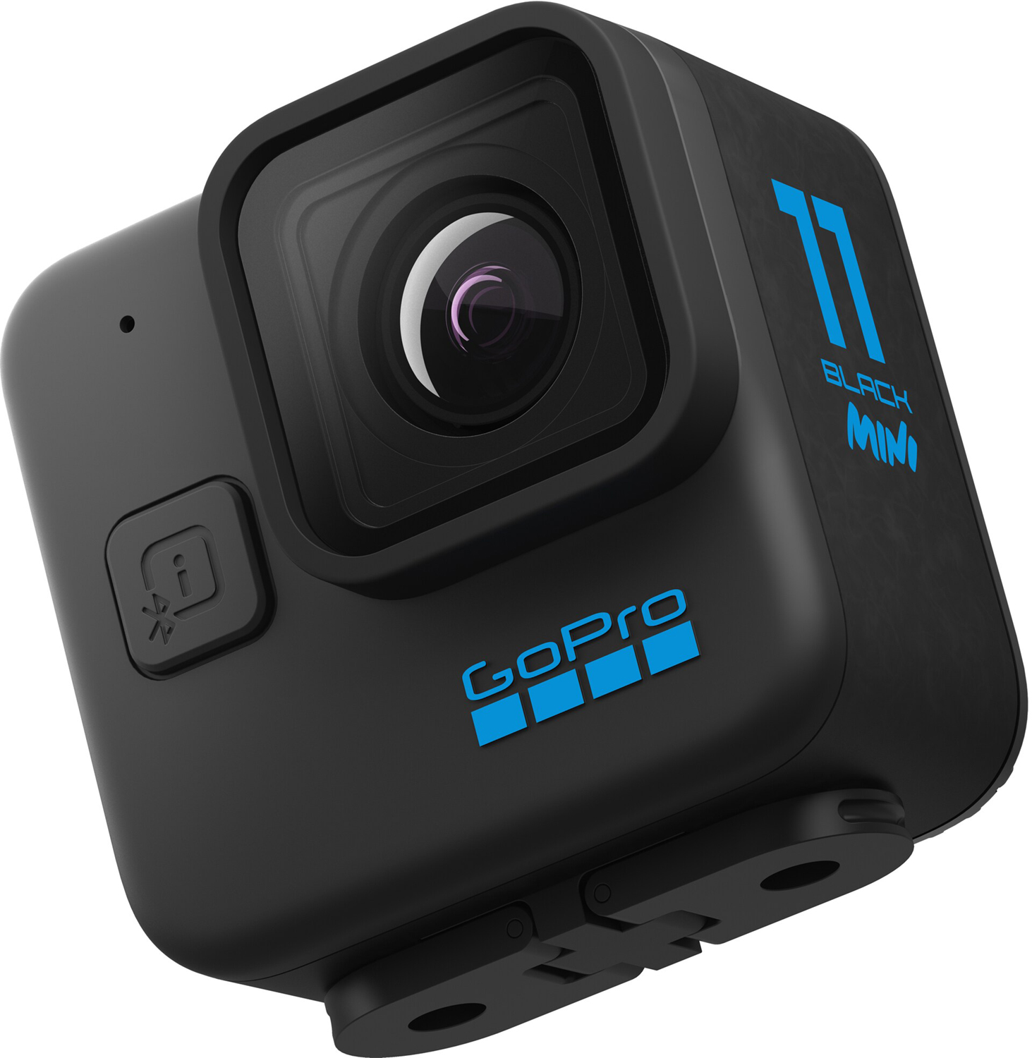 Caméra GoPro 11 Mini noire, vue en angle, avec boutons et objectif visibles.