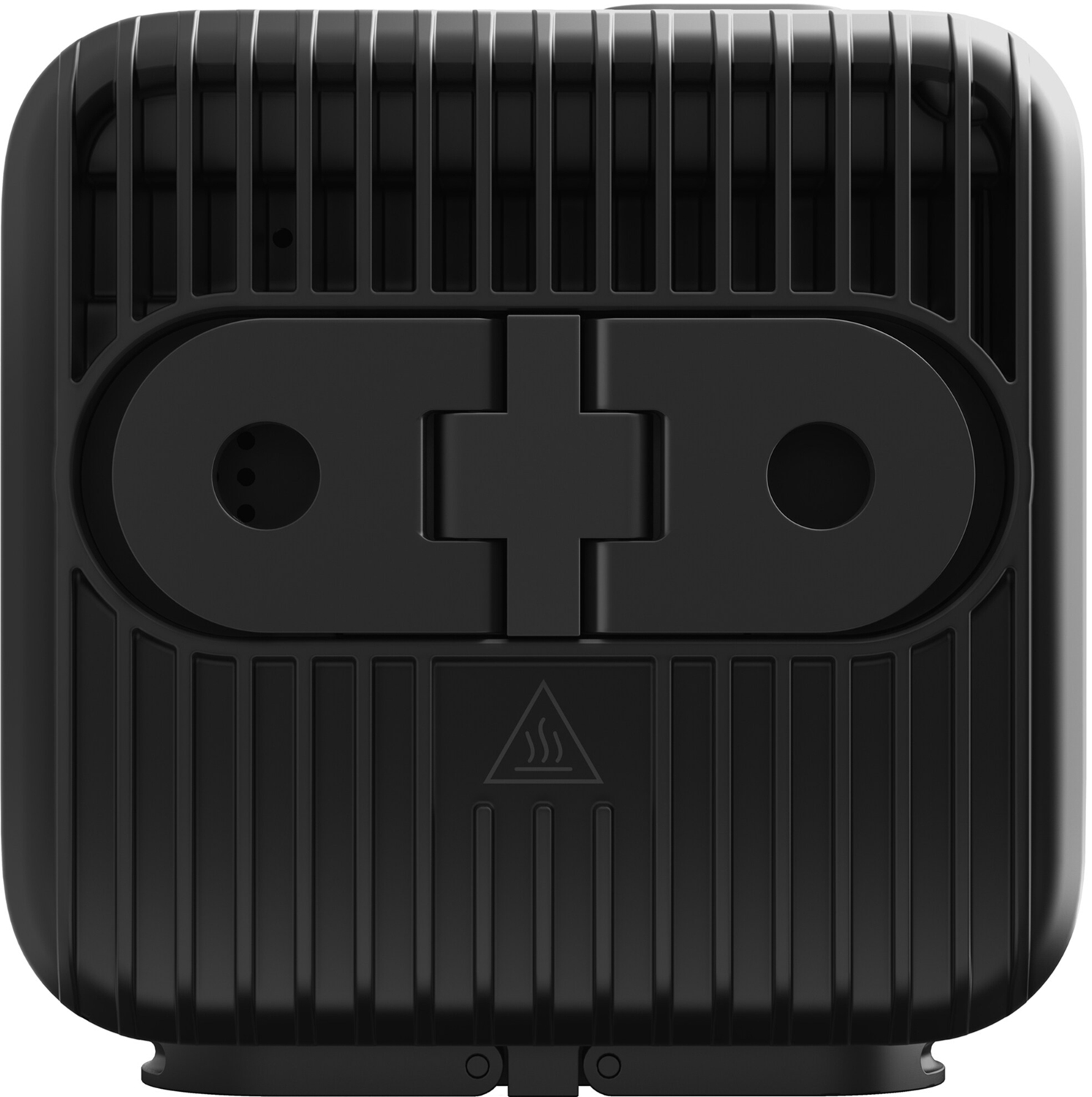 Gros plan sur un radiateur électrique noir avec une fente pour prise, un symbole de chaleur et des aérations.