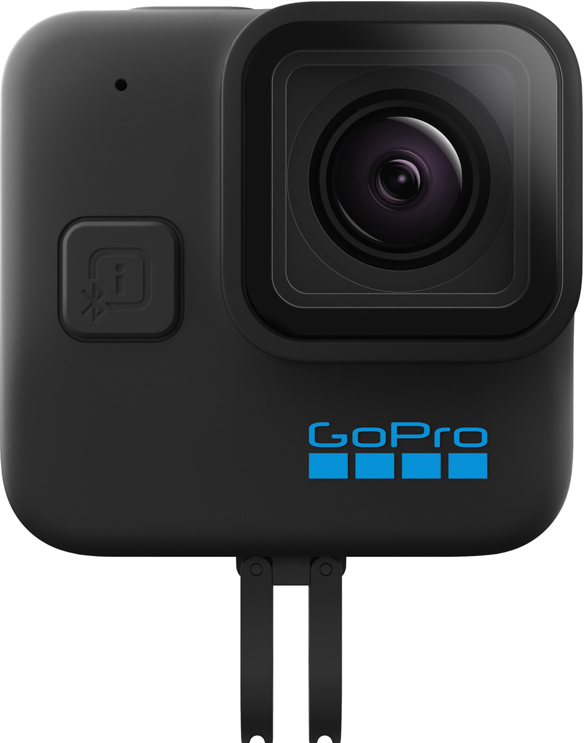 Caméra GoPro noire, forme carrée, avec un objectif et un bouton.