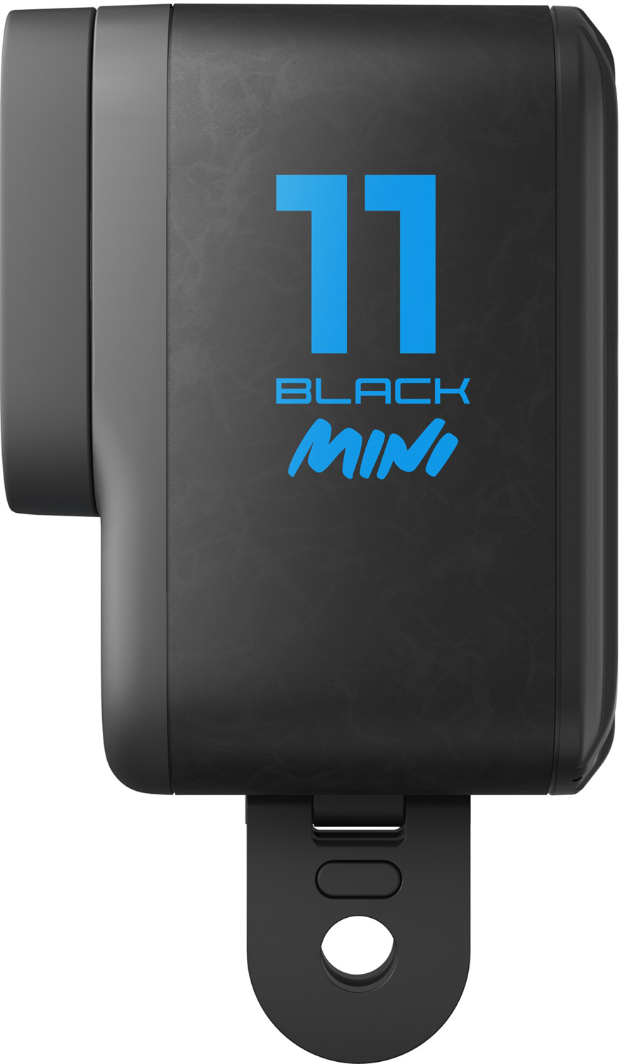 Caméra GoPro 11 Mini noire. Texte bleu sur le côté.