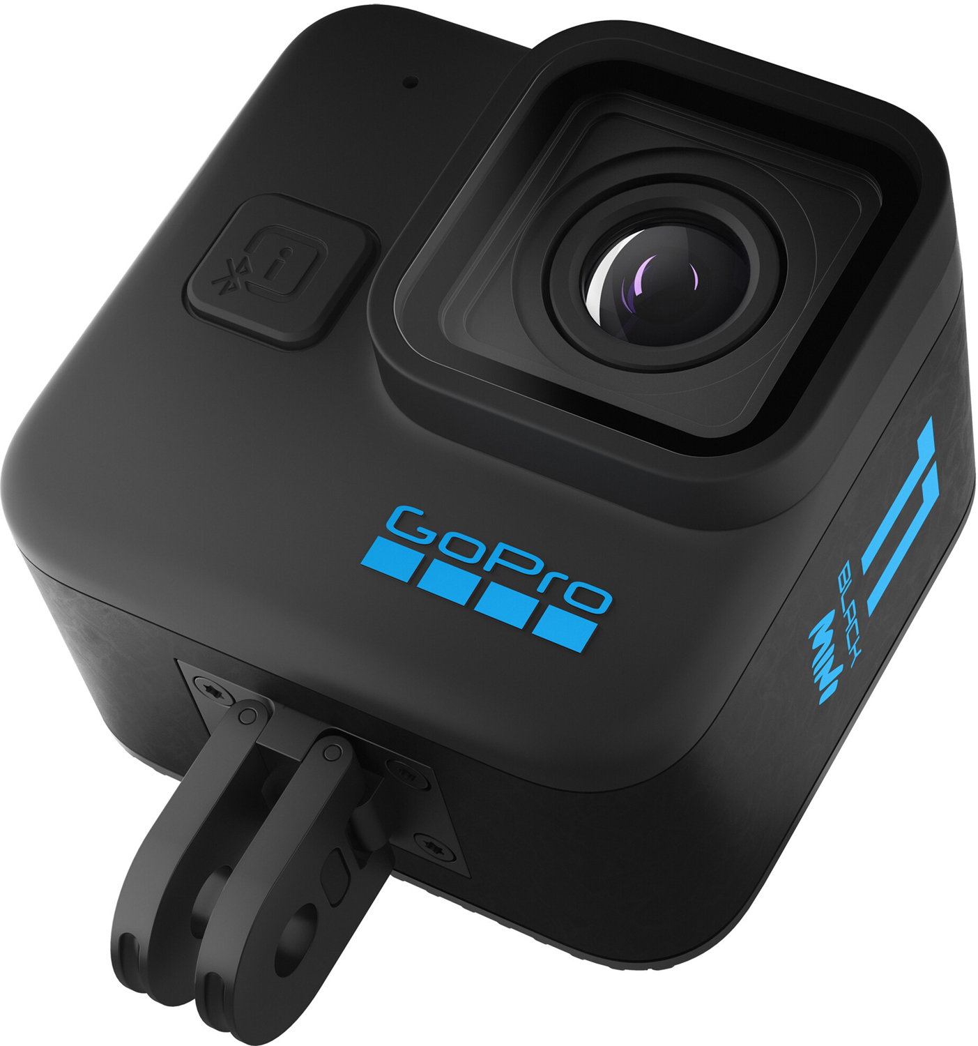 Caméra d'action GoPro Mini noire. Logo GoPro en bleu. Support noir fixé en bas.