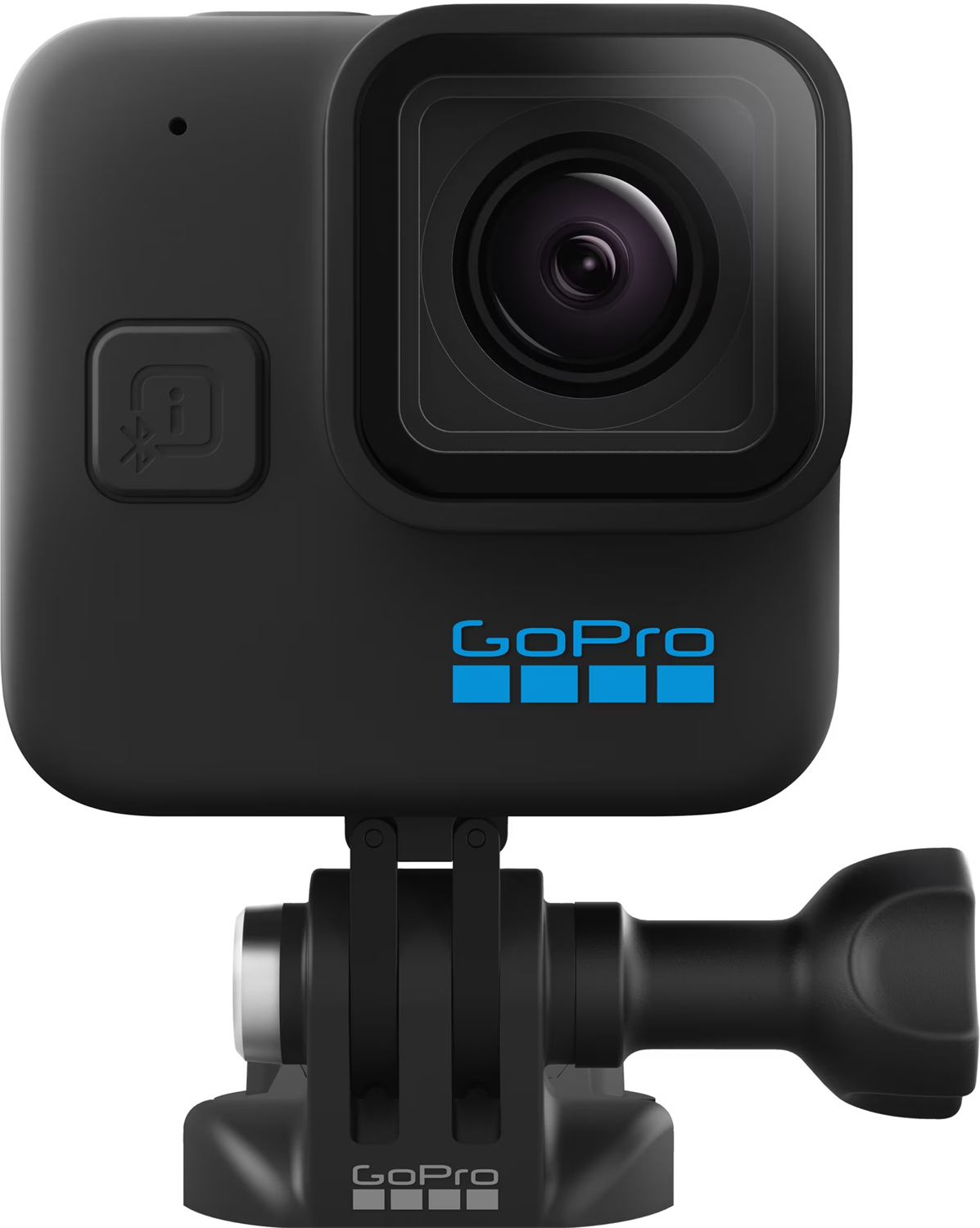 Caméra GoPro noire avec objectif, bouton et support noir.