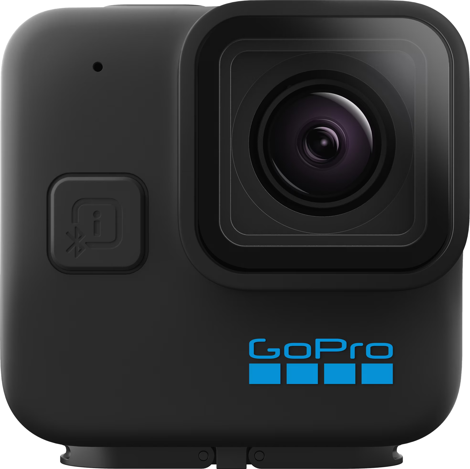 Caméra GoPro noire. Comprend un objectif, un bouton et le logo GoPro. Logo bleu sur fond noir.