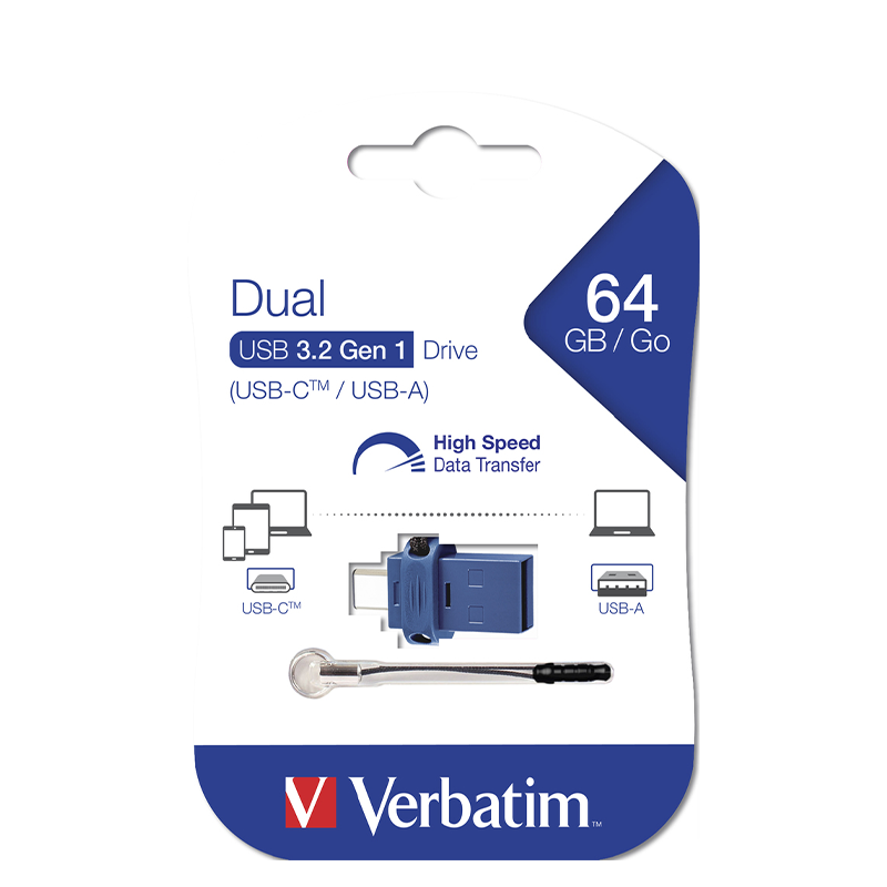 USB 3.2 Gen 1 çift sürücü, USB-C ve USB-A illüstrasyonlu ambalajda.