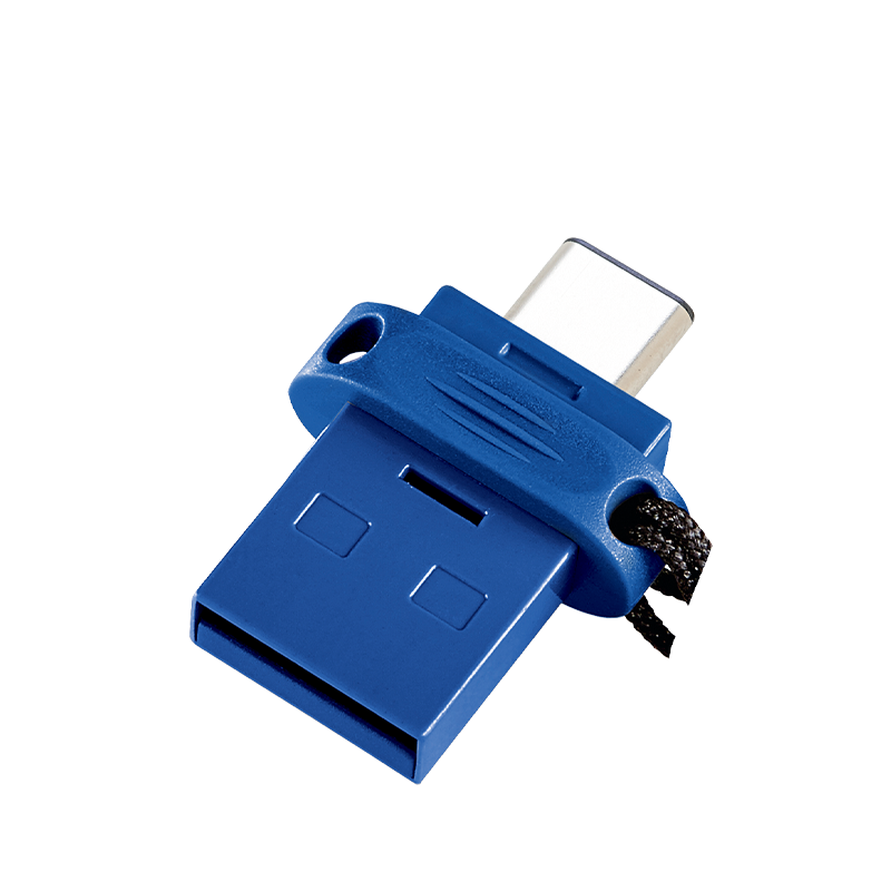 Mavi USB-C adaptörü. Mavi gövdesi ve gümüş USB-C konektörü var.
