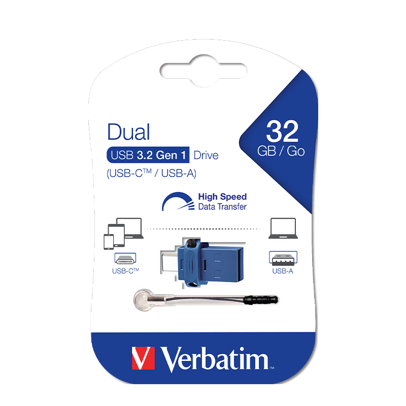 USB-C ve USB-A konektör tasarımına sahip USB sürücü ambalajı.