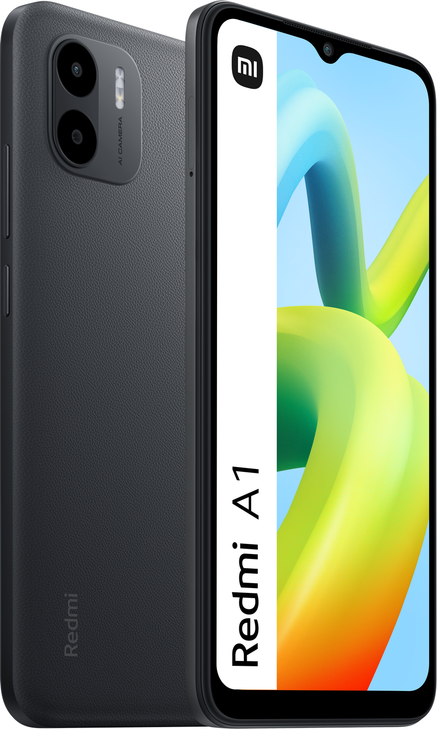 Smartphone Redmi A1 negro. Vista trasera y frontal. Cámara dual. Raya blanca con texto Redmi A1.