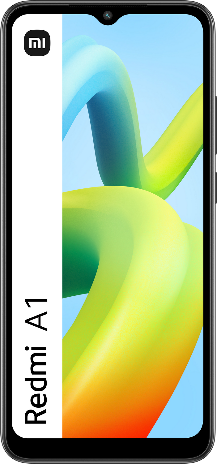 Smartphone con diseño de fondo abstracto. Franja blanca con logo Redmi A1. Marco negro.