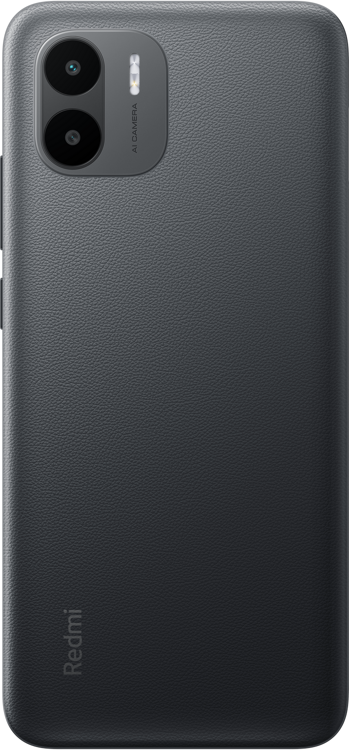 Parte trasera de teléfono Redmi gris oscuro con cámaras. Logotipo de Redmi abajo.