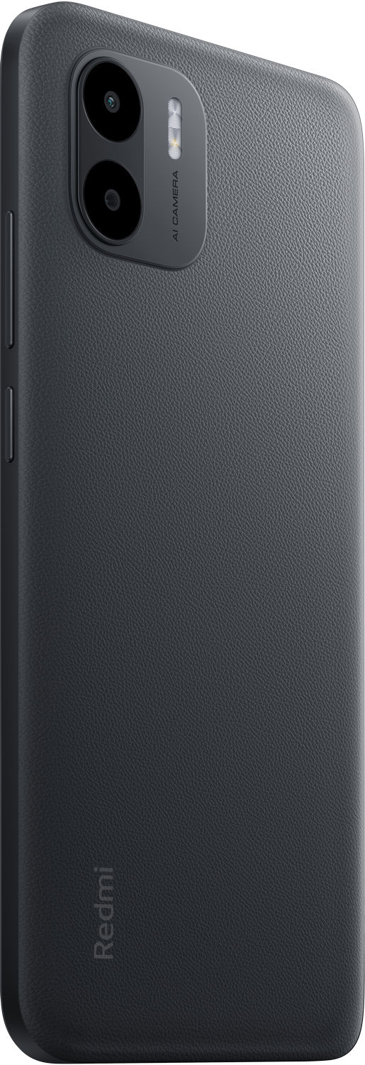Un teléfono Redmi gris oscuro. Dos lentes de cámara y un flash son visibles en la parte trasera.