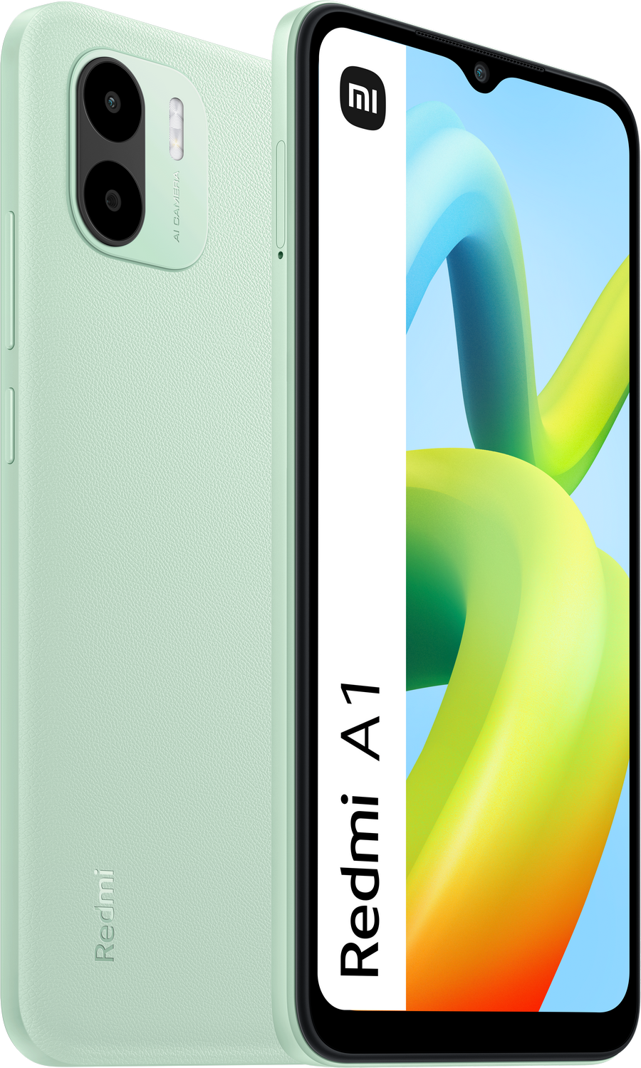 Dos smartphones verde menta. Uno muestra la parte trasera con cámaras. El otro muestra la pantalla.