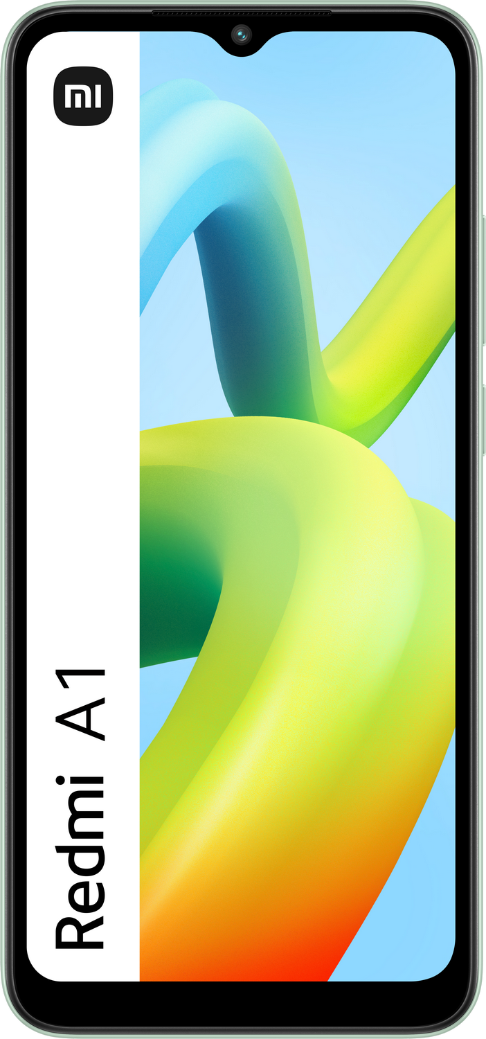 Teléfono Xiaomi Redmi A1. Carcasa verde, fondo abstracto colorido.