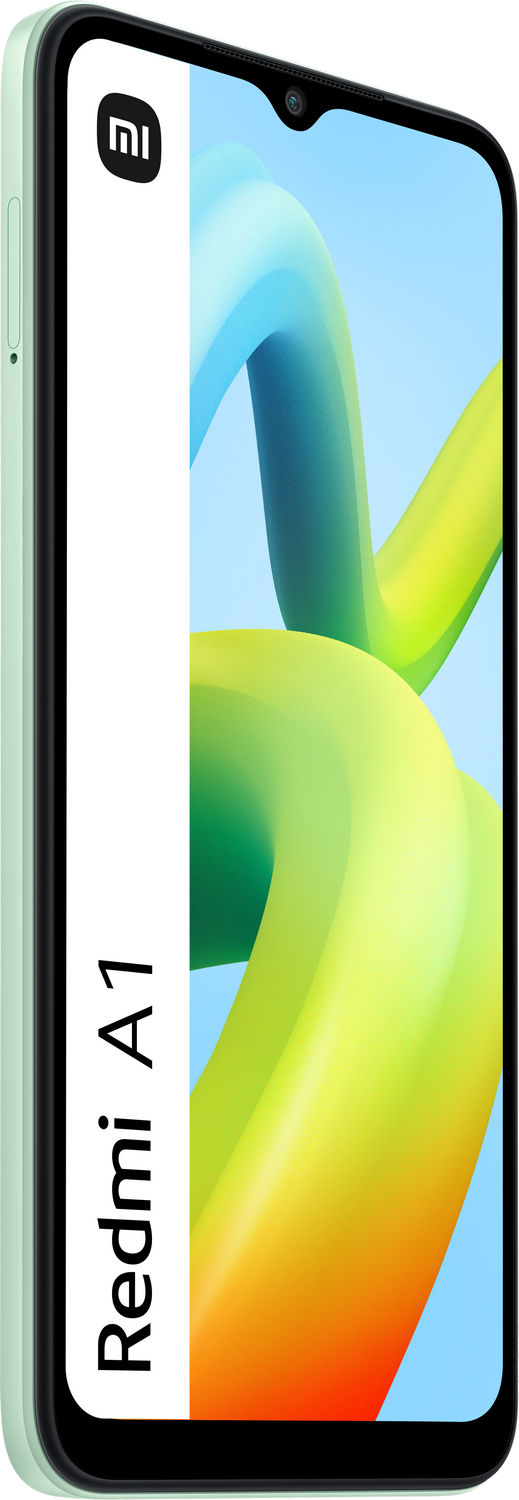 Teléfono Redmi A1 verde menta, texto blanco a la izquierda, fondo degradado.