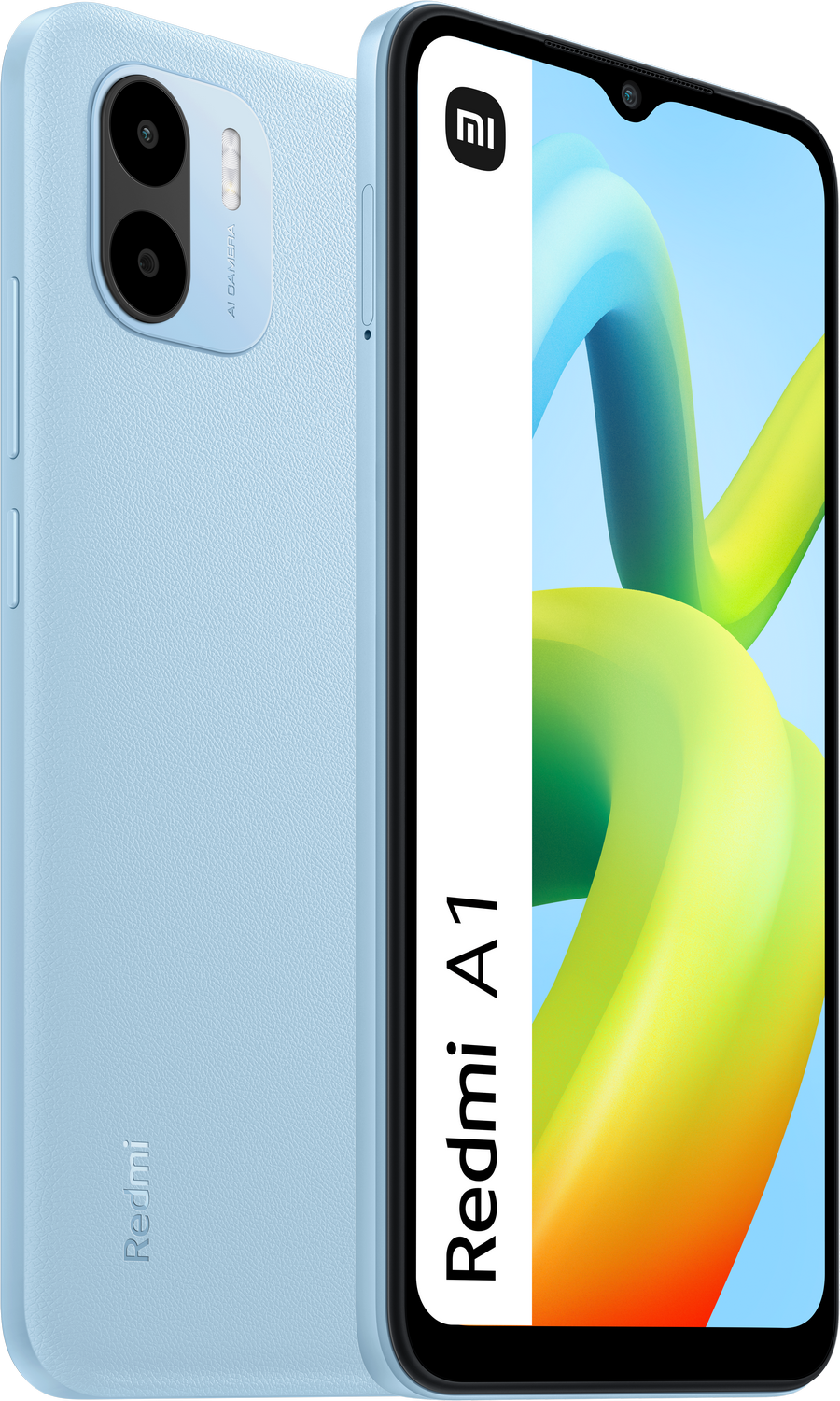 Smartphone Redmi A1 azul claro, dos vistas, sobre fondo blanco.