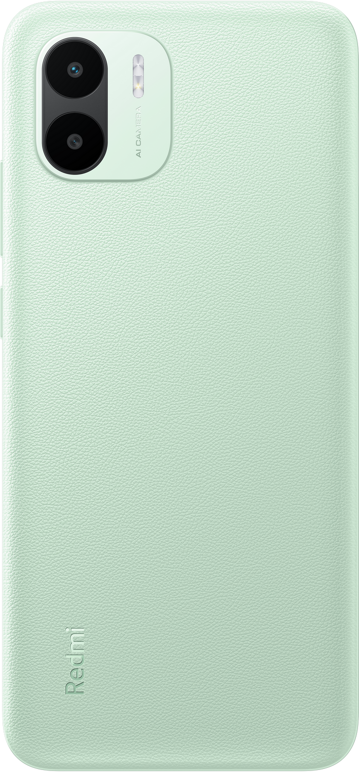 Un teléfono verde menta con parte trasera texturizada y cámaras.