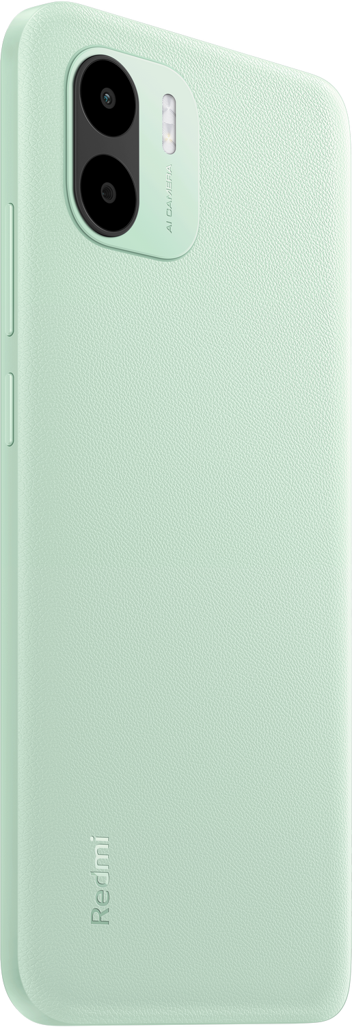 Un teléfono verde menta, con cámara y la marca Redmi visible.