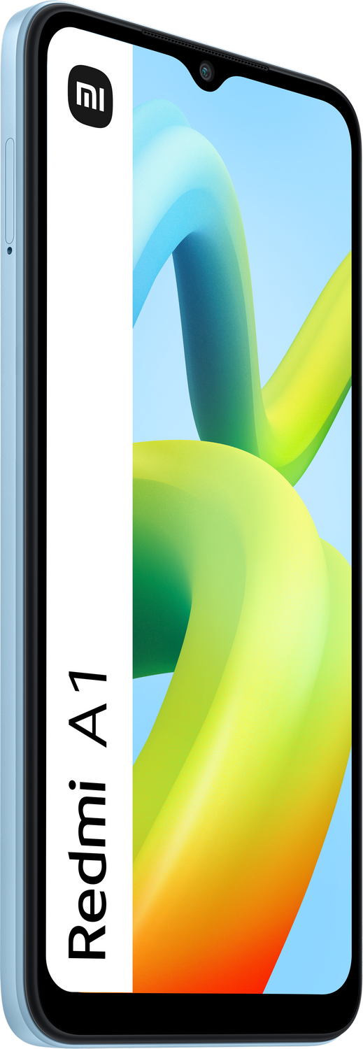 Un smartphone Xiaomi Redmi A1 azul claro, mostrado de lado.