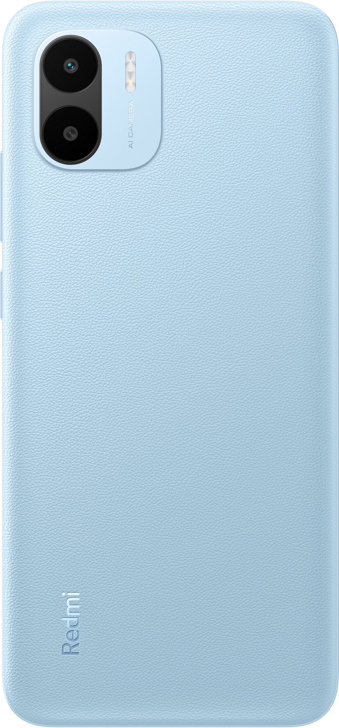 Teléfono Redmi azul claro, vista trasera, con cámara dual y logo.