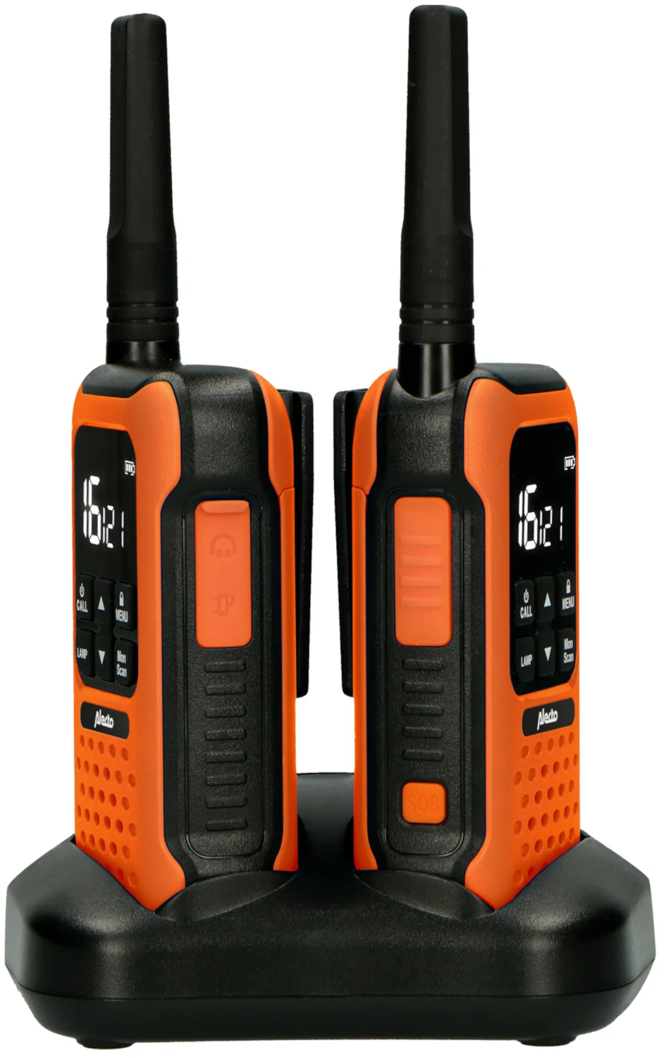 Two orange walkie-talkies in a charging base. Each walkie-talkie has a screen and antenna.