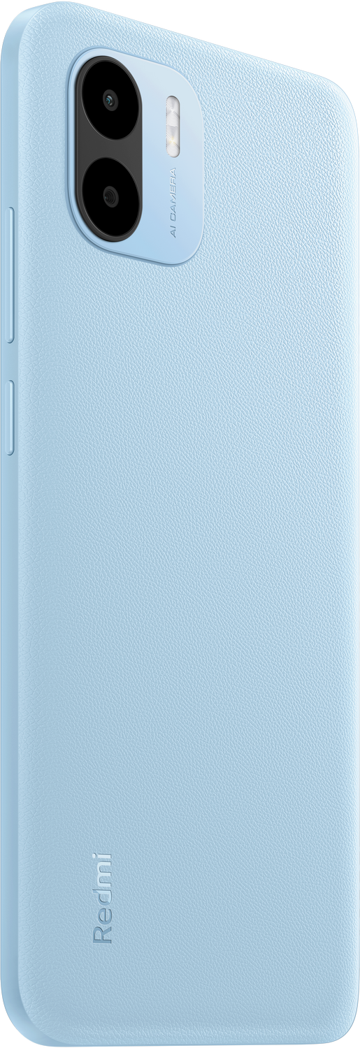 Teléfono azul claro con cámara dual y texto AI, logo Redmi en la parte inferior.