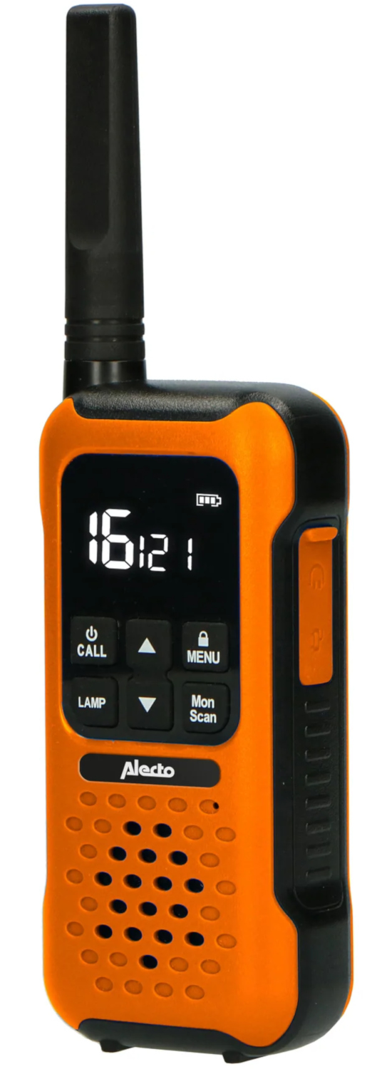 Orange walkie-talkie with a black antenna, a digital display showing the time, and function buttons.