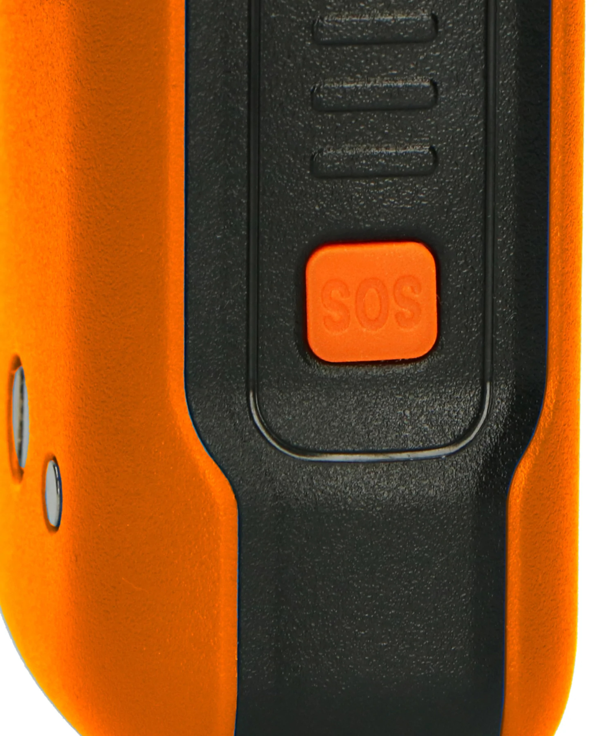 Close-up of a black and orange device with an orange SOS button.