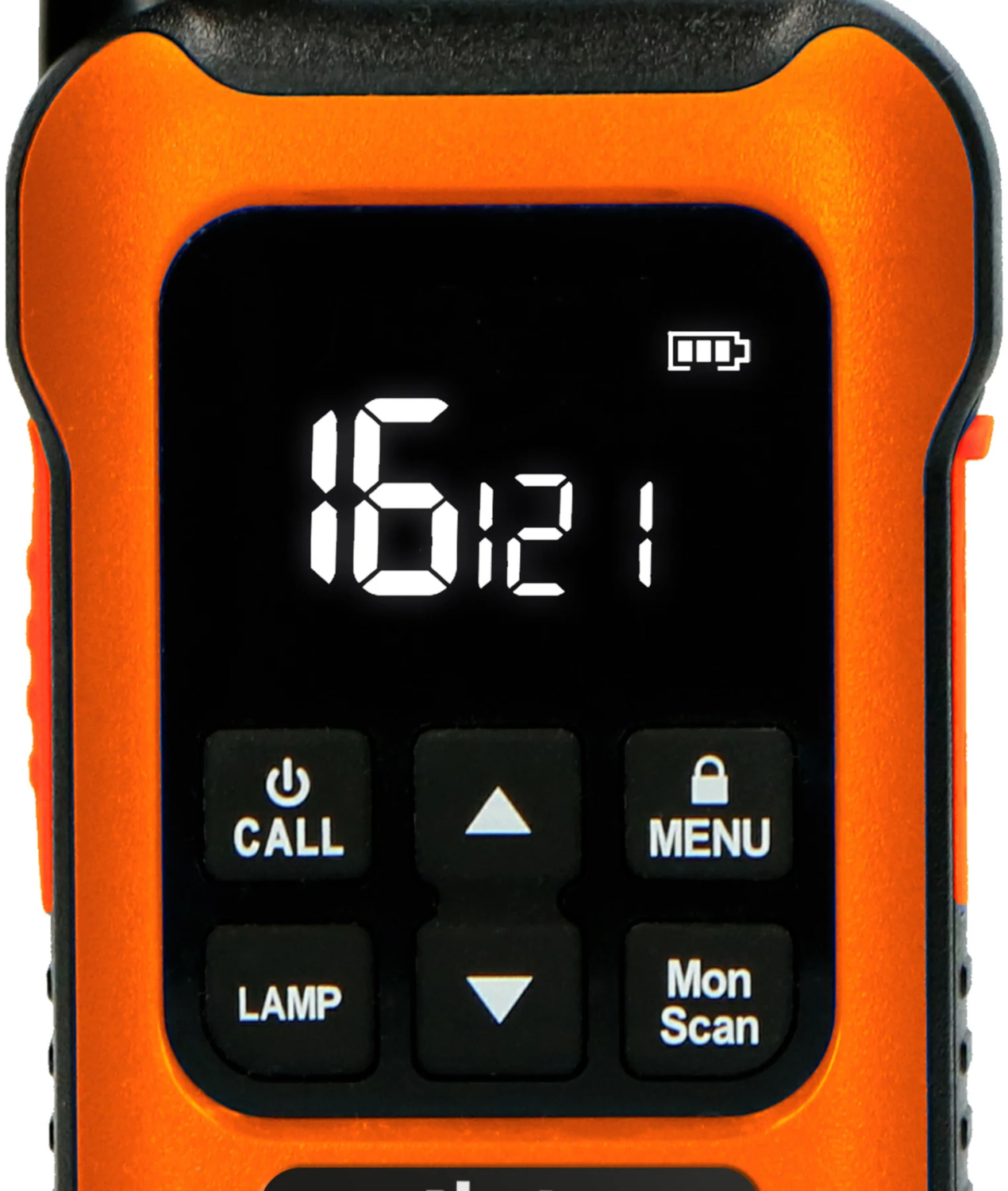 An orange and black walkie-talkie, displaying the number '16121' on its screen with buttons.