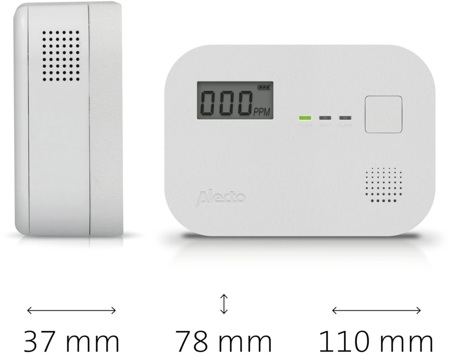 White smoke detector, with digital display showing PPM, and power indicator lights. Side view shows speaker.