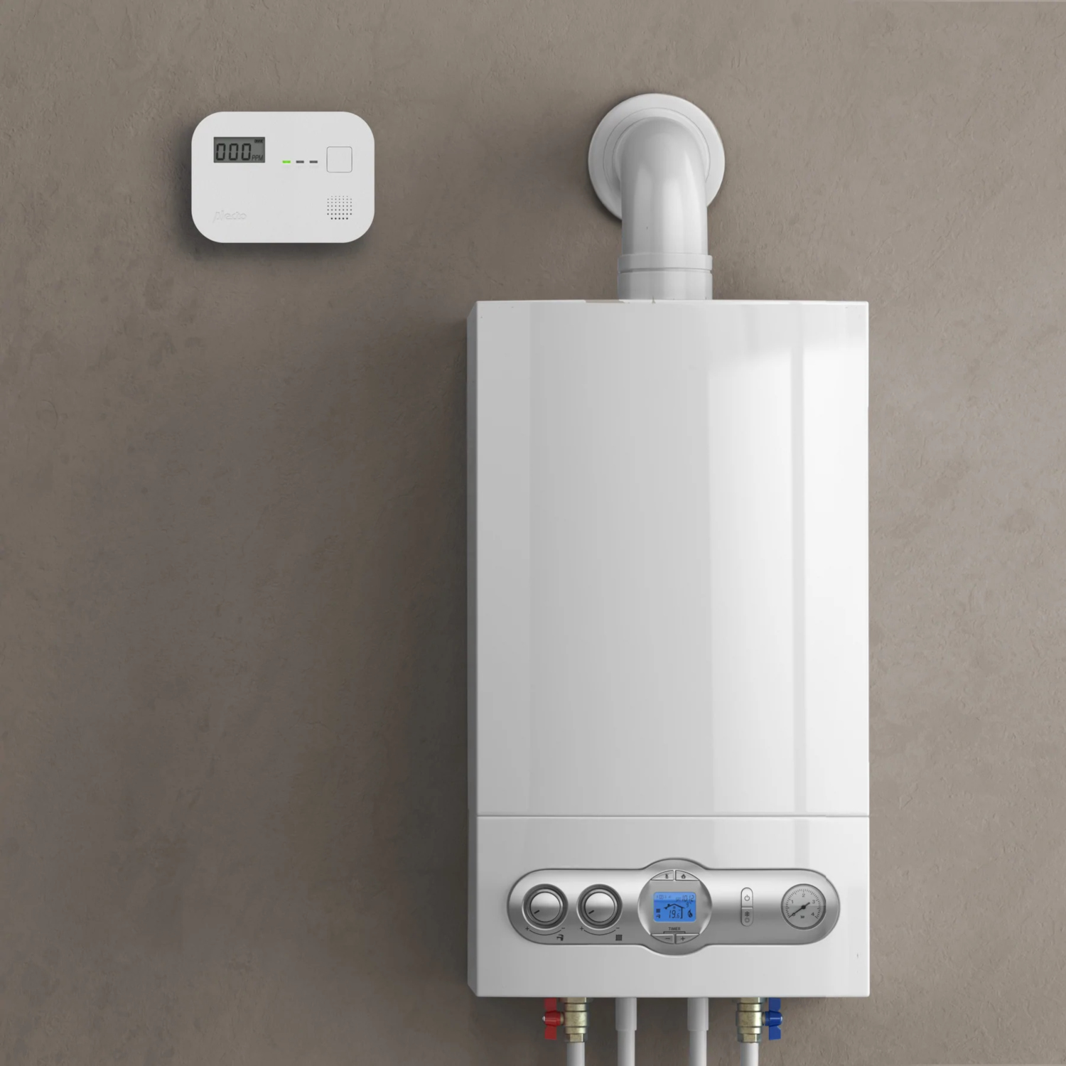 White boiler and thermostat on a brown wall, pipes visible.
