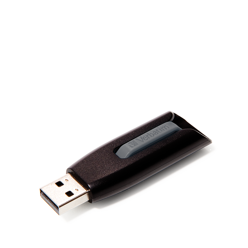 Gri bir kaydırıcıya ve üzerinde 'Verbatim' yazan siyah bir USB flash sürücü.