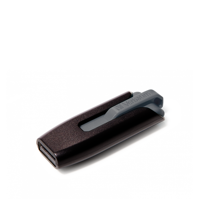 Siyah ve gri Verbatim USB sürücüsü, beyaz yüzeyde açılı.