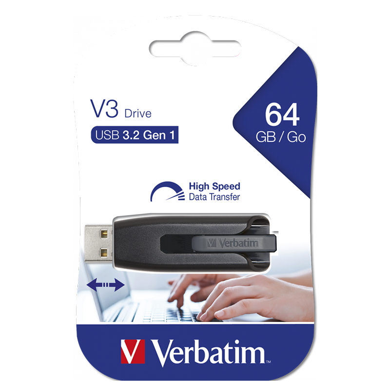 Verbatim USB sürücü ambalajı, sürücü ve dizüstü bilgisayar illüstrasyonu ile.