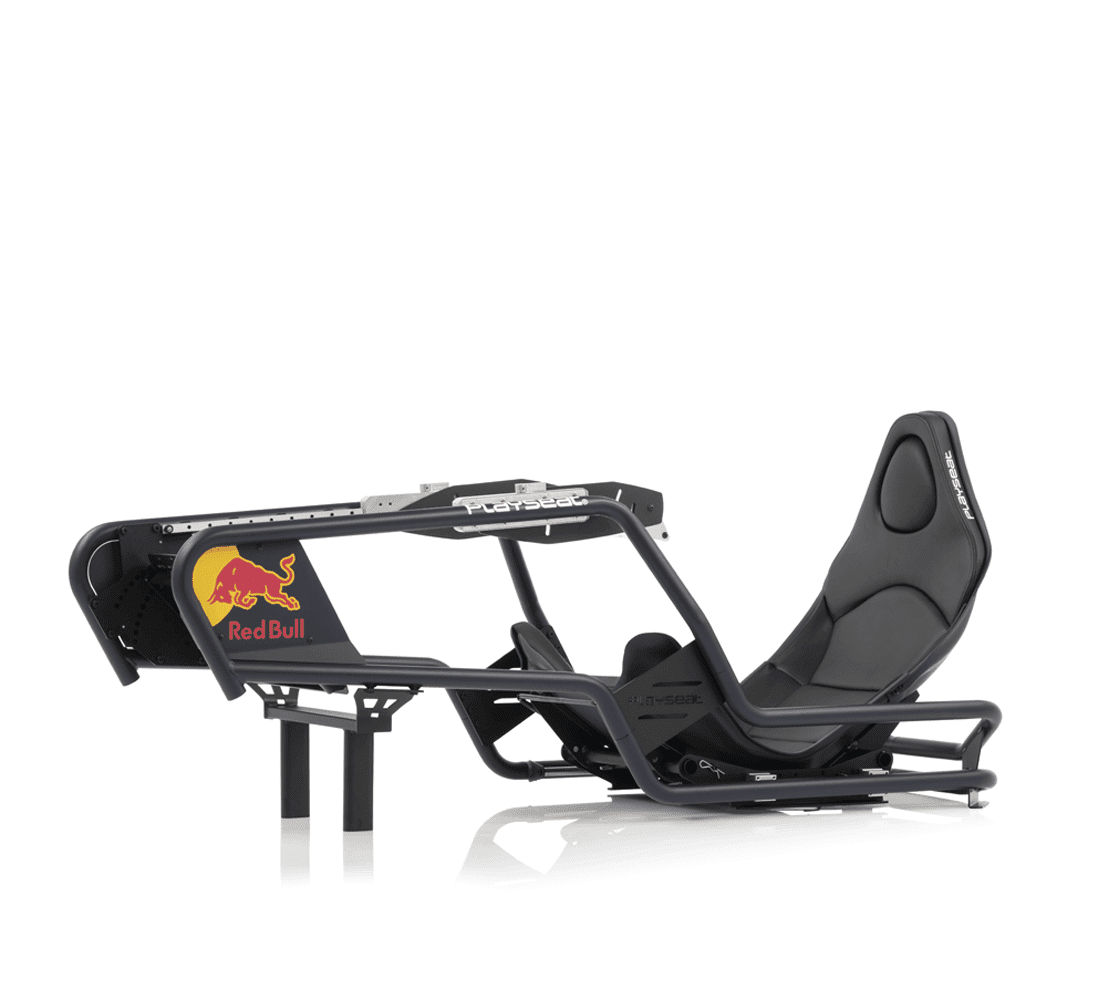 Asiento de simulador de carreras. Asiento negro sobre estructura metálica. Logotipo Red Bull lateral.