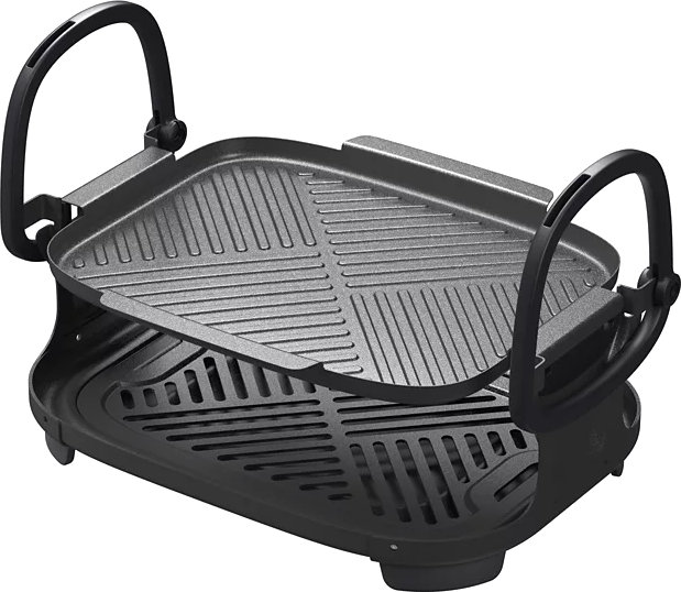 A black electric grill, with a griddle and handle. It is on a lower base.
