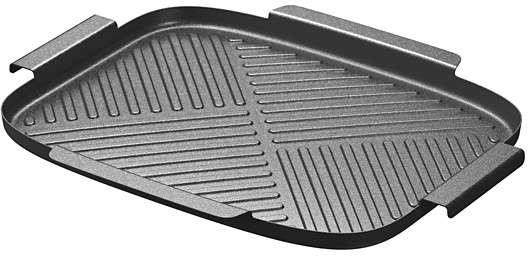 Black grill pan with ridges and handles. Metal construction, angled view.