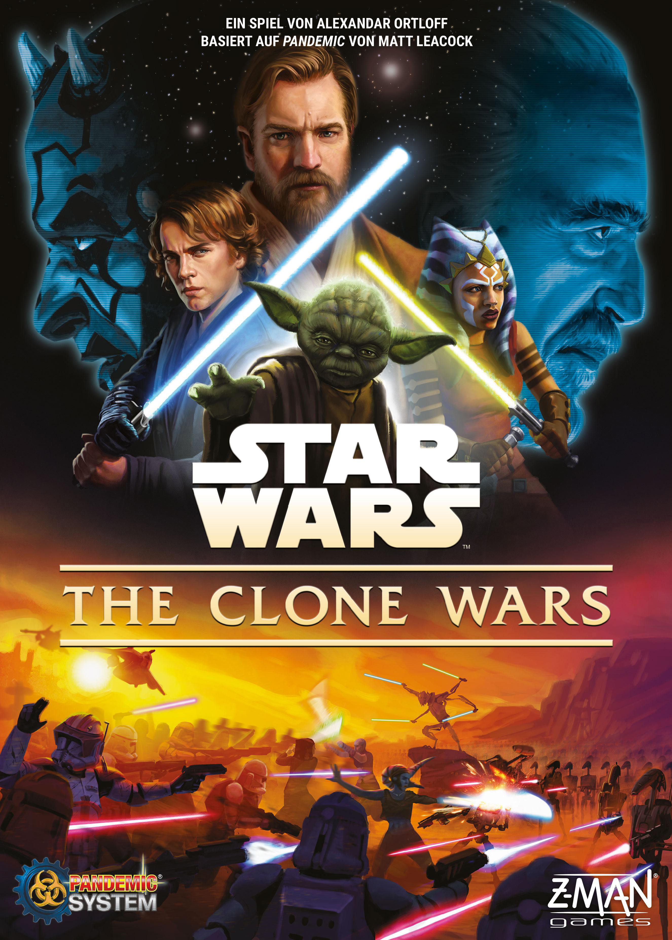 Star Wars Brettspiel-Cover mit Clone Wars-Charakteren und Logo.