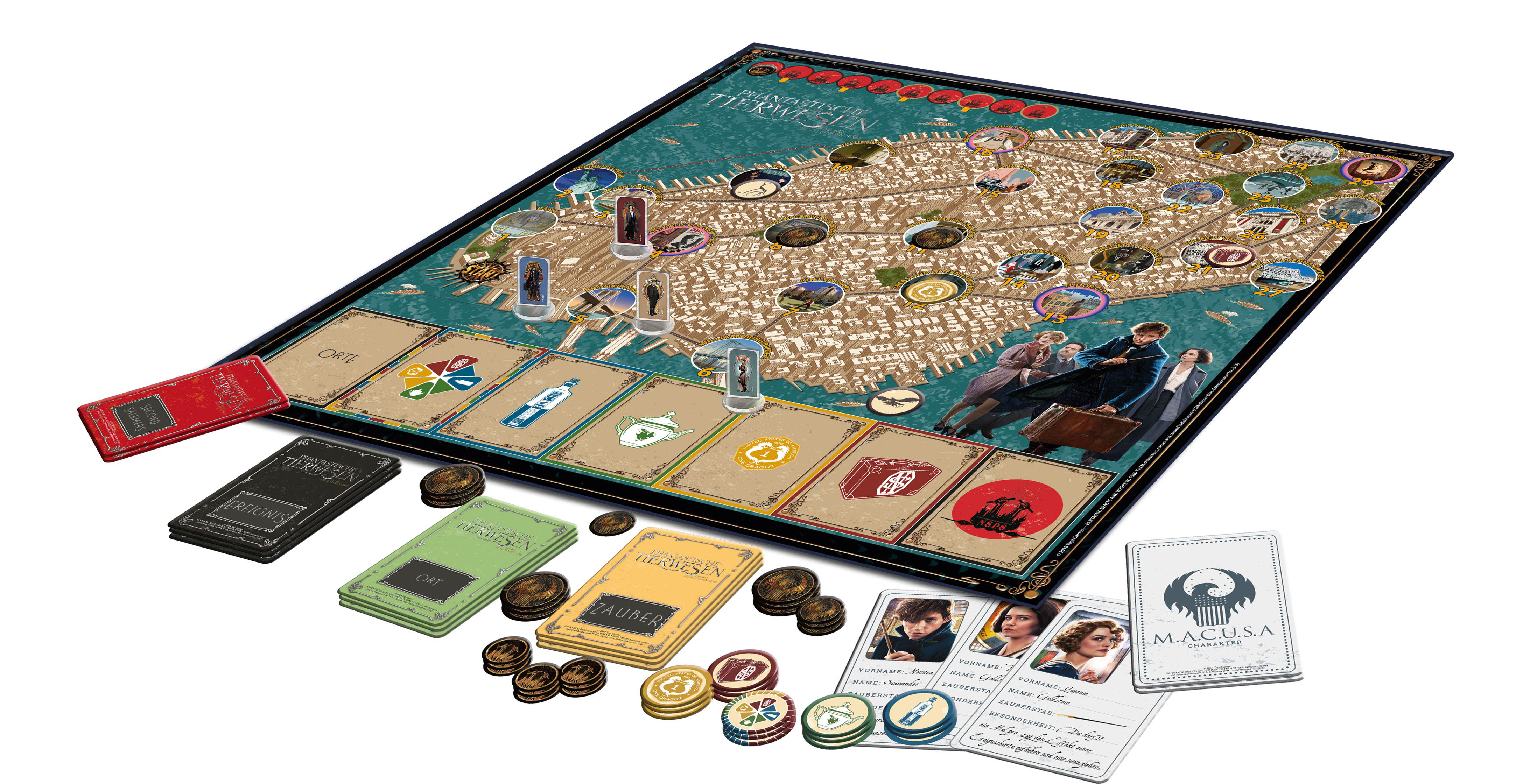 Brettspiel mit detaillierter Karte, Spielfiguren, Karten und Figuren. Das Spiel zeigt eine Stadtkarte.
