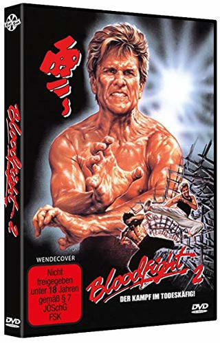 DVD-Hülle eines Films. Ein Mann steht im Zentrum in Kampfpose. Schwarzer Hintergrund.