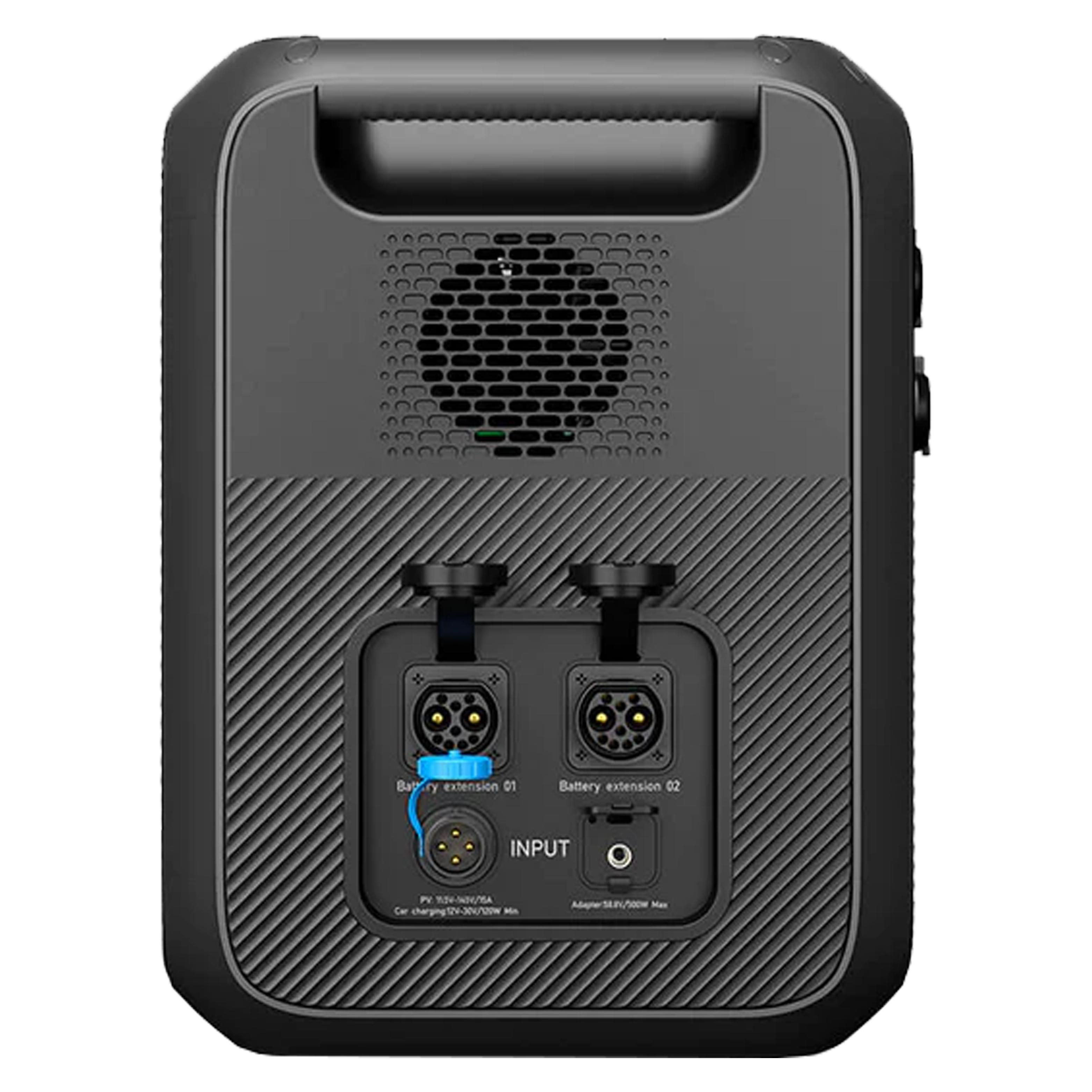 Rückseite einer schwarzen Powerstation. Sie verfügt über Eingangs-/Ausgangsanschlüsse. Zwei Batterieverlängerungen und einen Eingang.