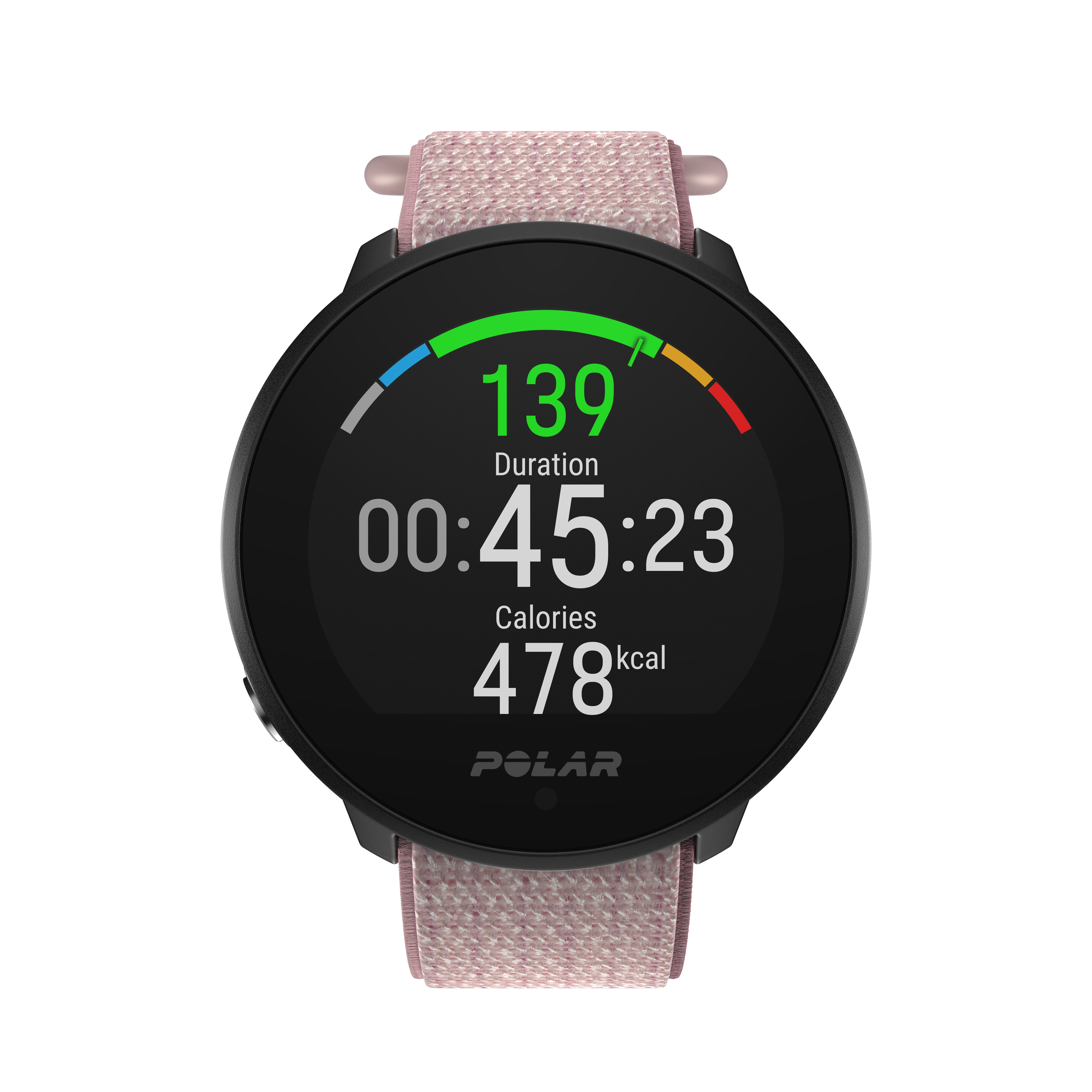 Un reloj inteligente Polar negro que muestra la hora, la duración y las calorías quemadas.