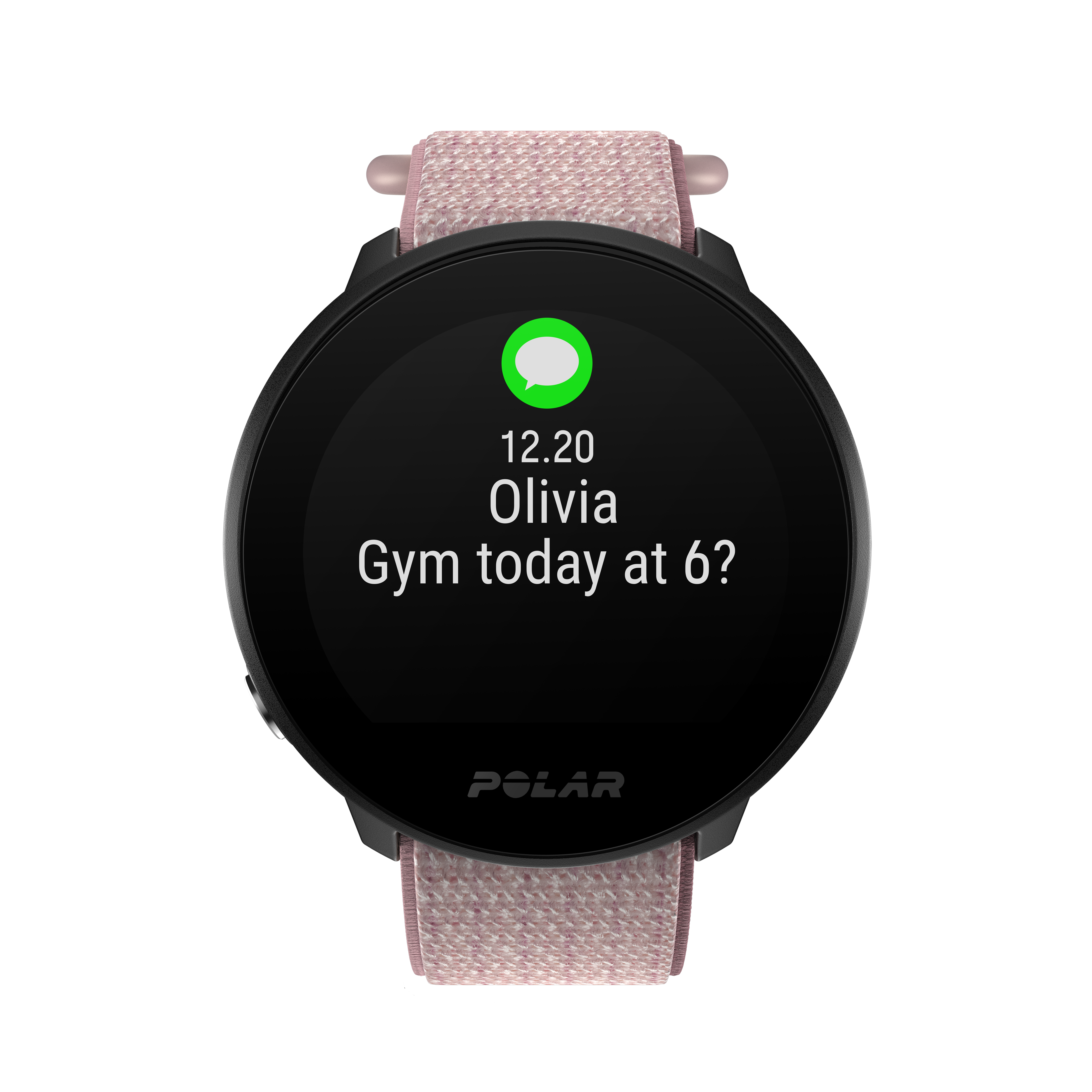 Smartwatch mostrando un mensaje de texto. El texto dice: ¿Gimnasio hoy a las 6?