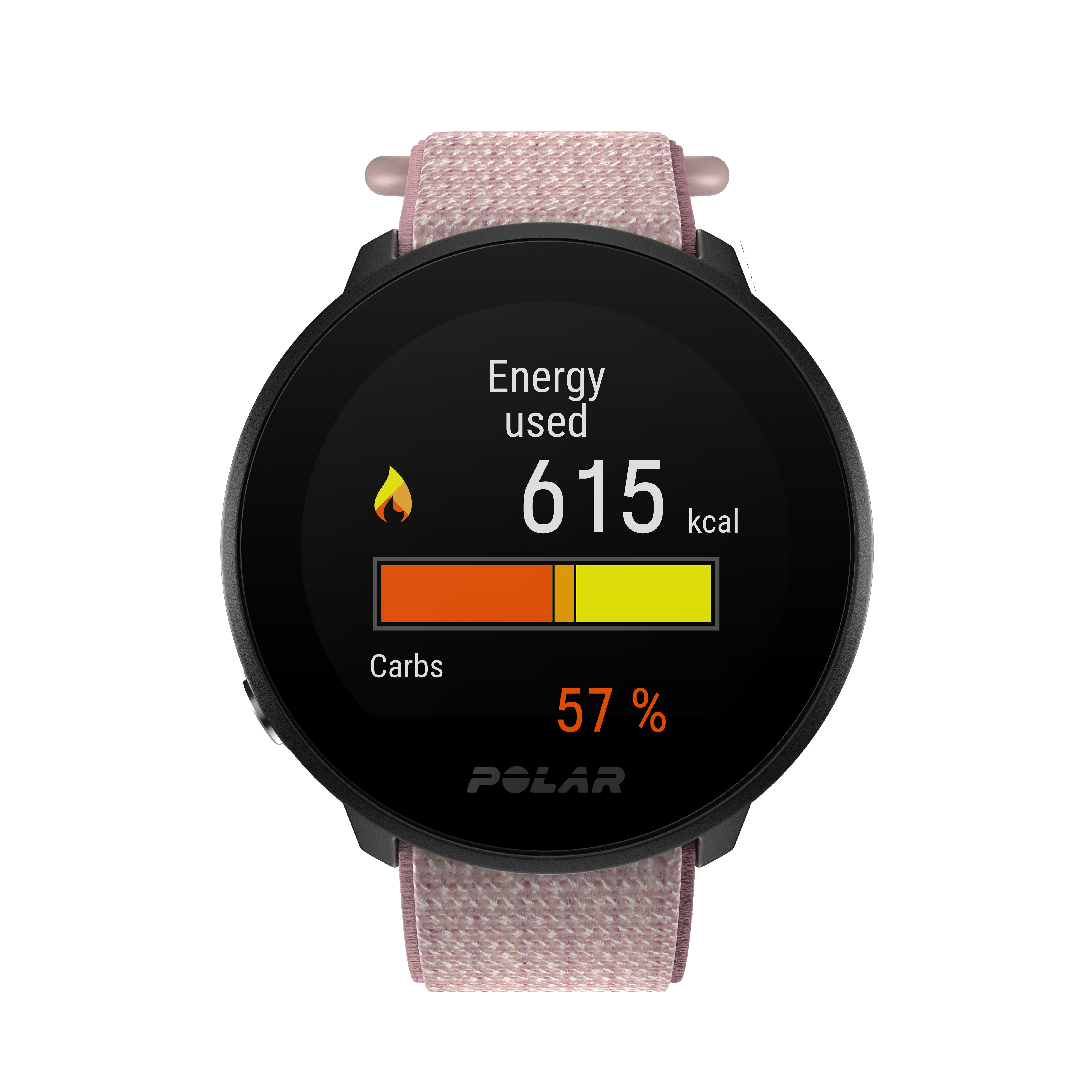 Smartwatch mostrando energía usada: 615 kcal, 57% carbohidratos. Reloj negro con correa rosa.