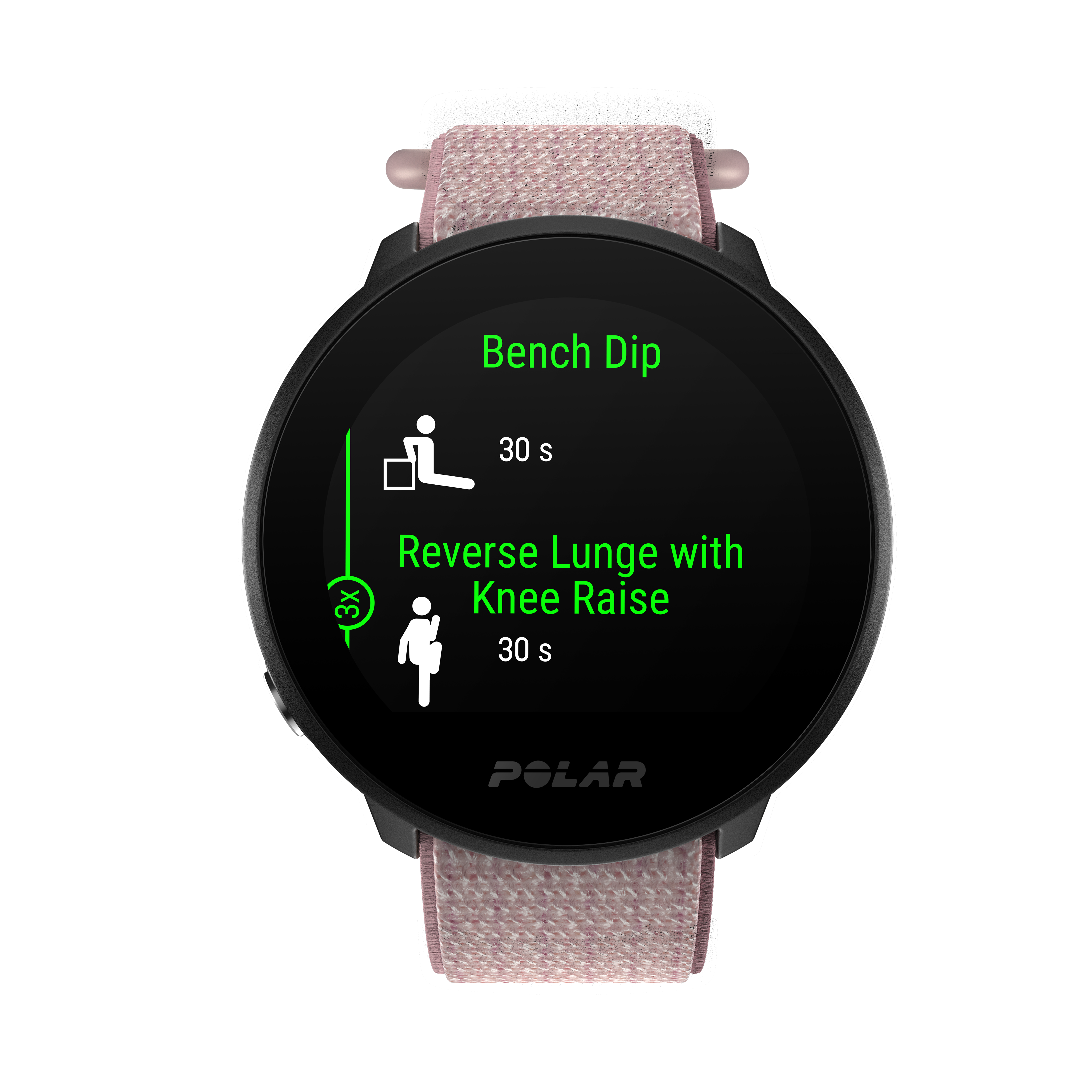 Un reloj inteligente que muestra un plan de entrenamiento con instrucciones de ejercicios, sobre un fondo negro.