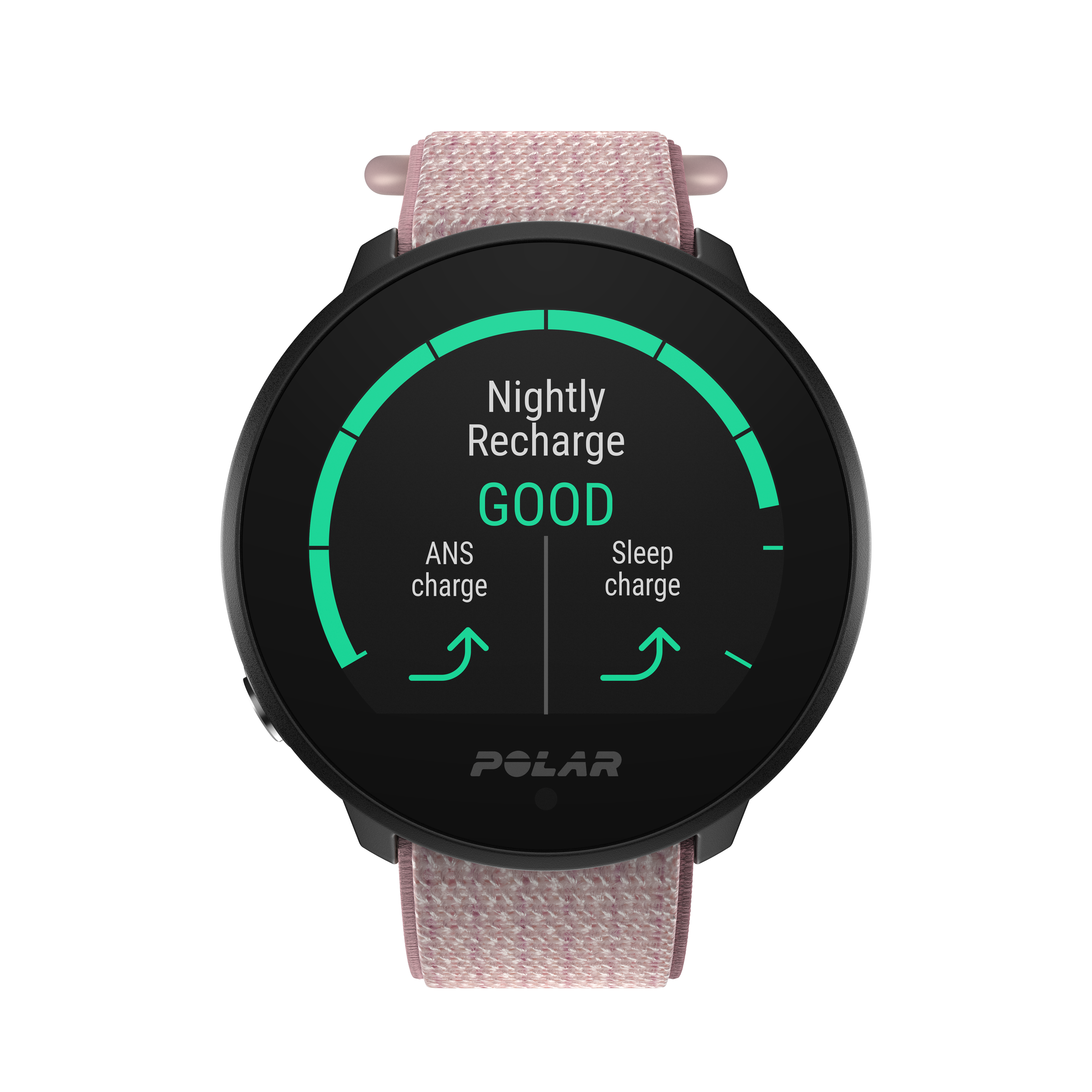 Smartwatch Polar que muestra 'Nightly Recharge: GOOD'. El reloj es negro con una correa rosa.