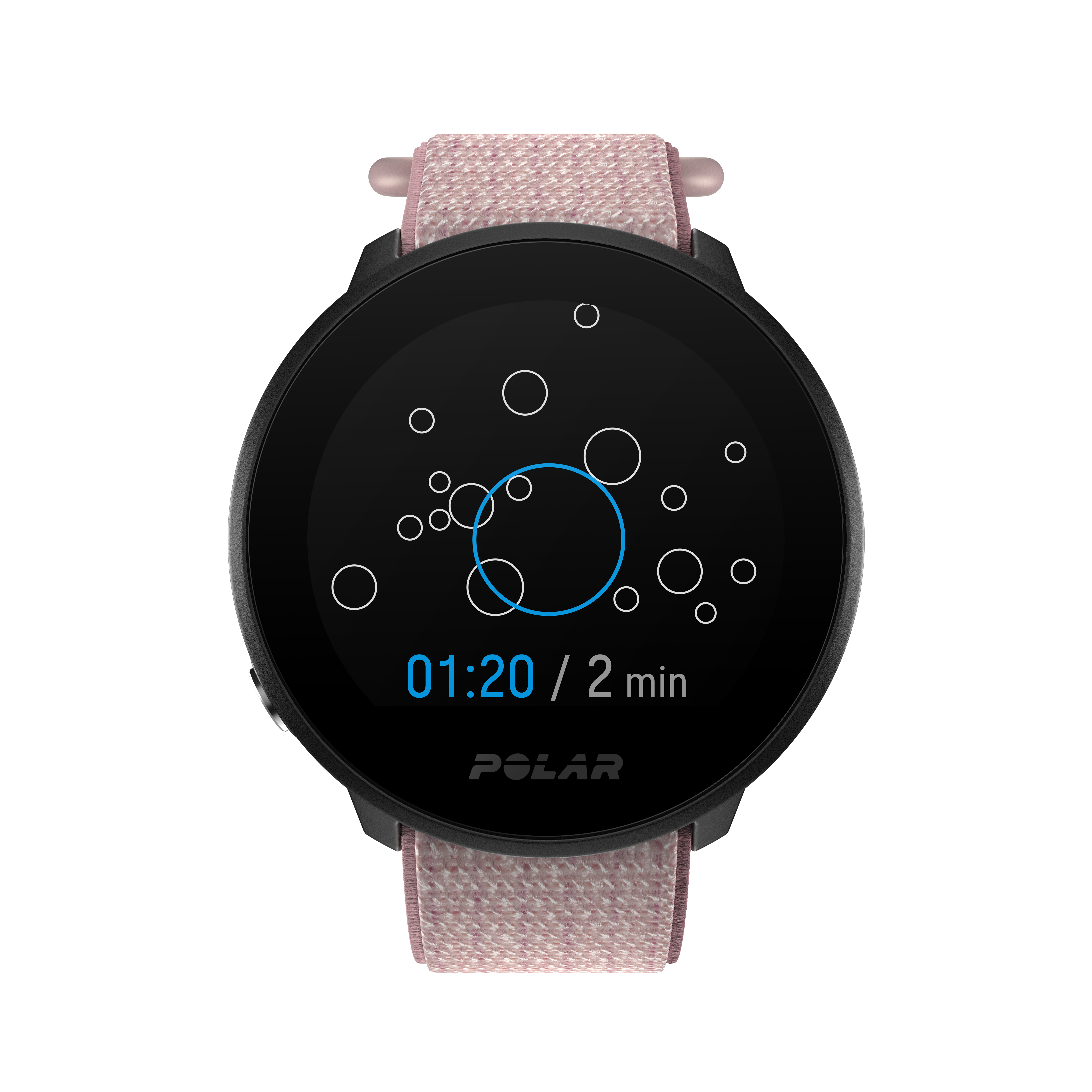 Smartwatch negra con correa de tela rosa, mostrando hora y datos de ejercicio sobre fondo negro.