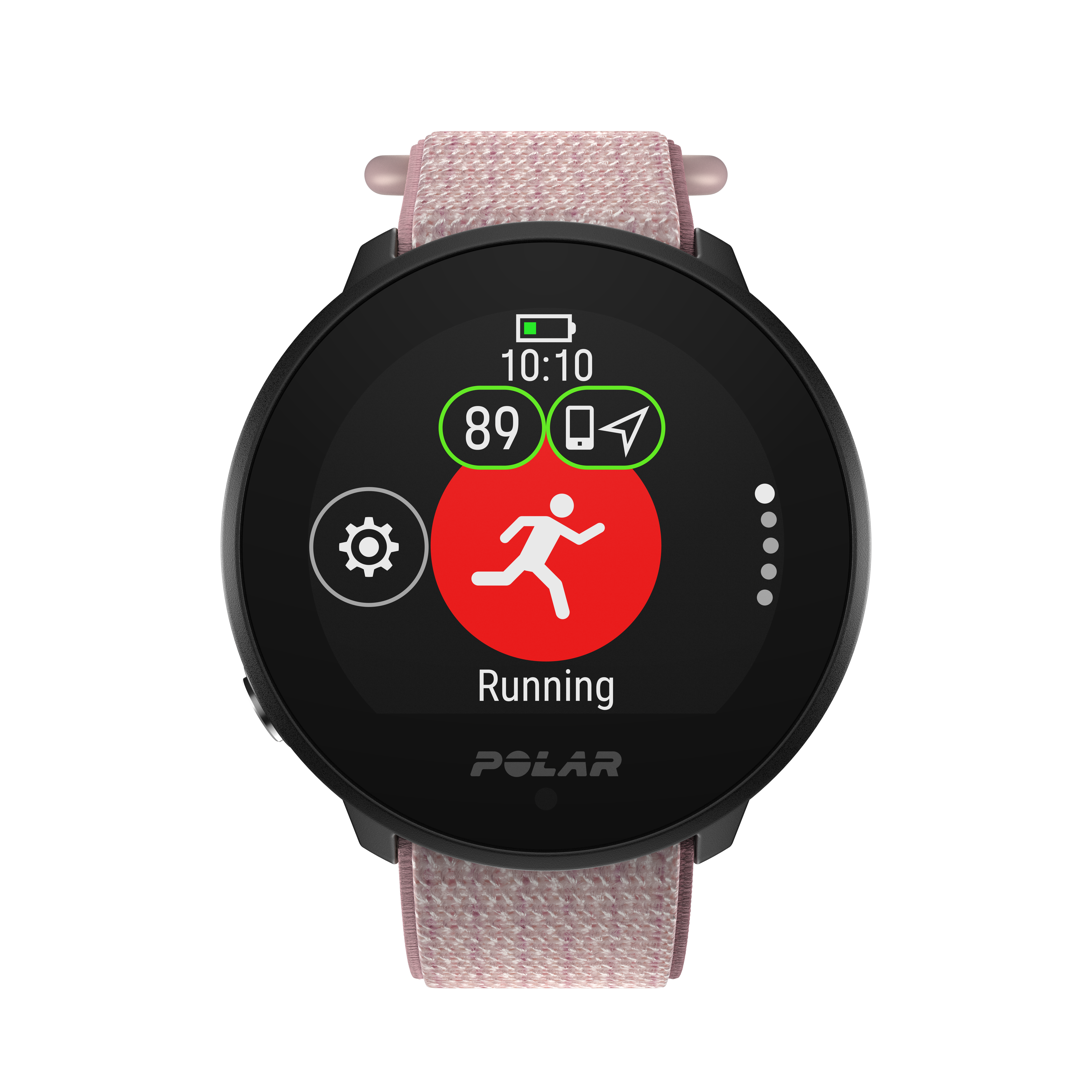 Smartwatch que muestra un icono de correr en su pantalla, con una correa rosa.
