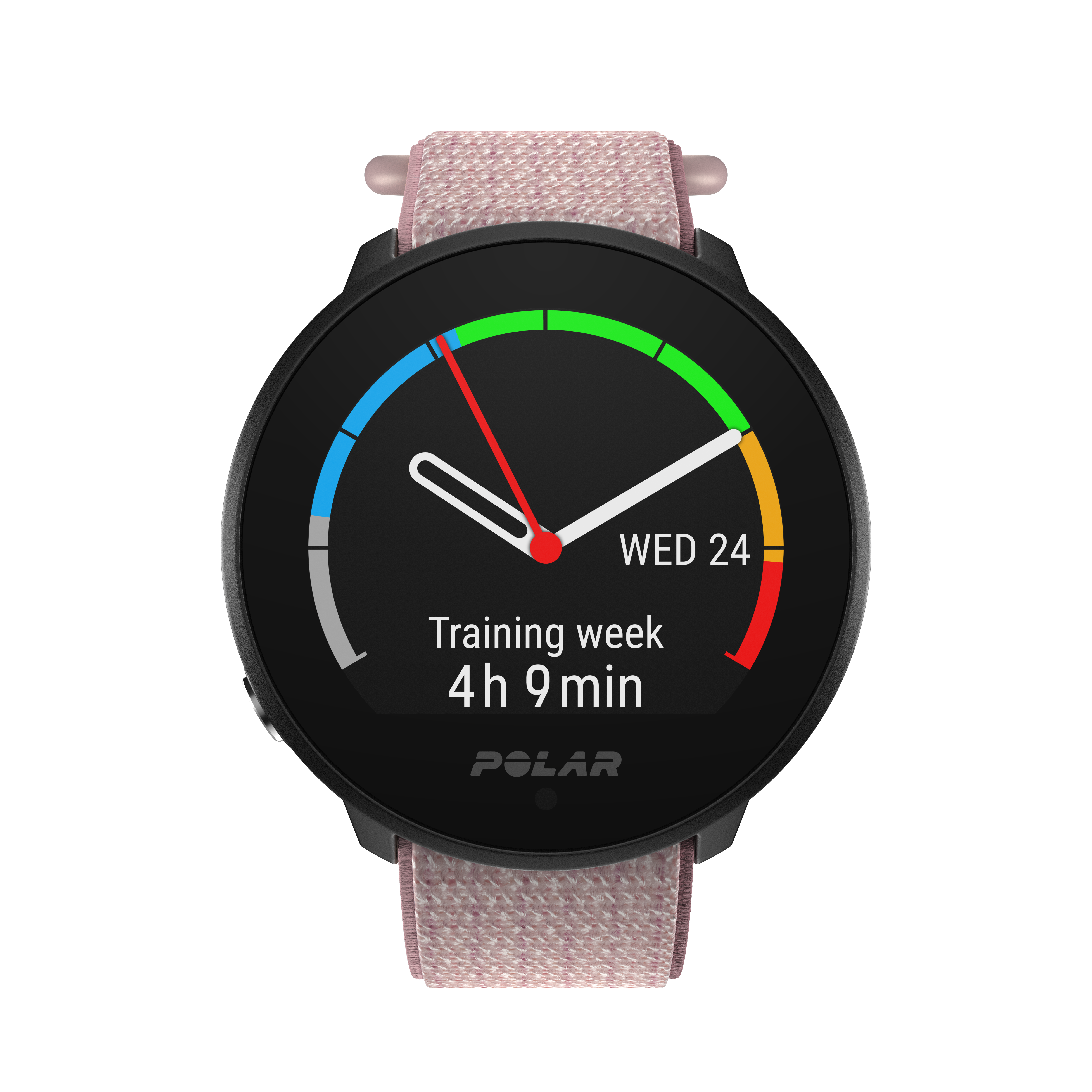 Smartwatch negra con banda rosa, mostrando la semana de entrenamiento.