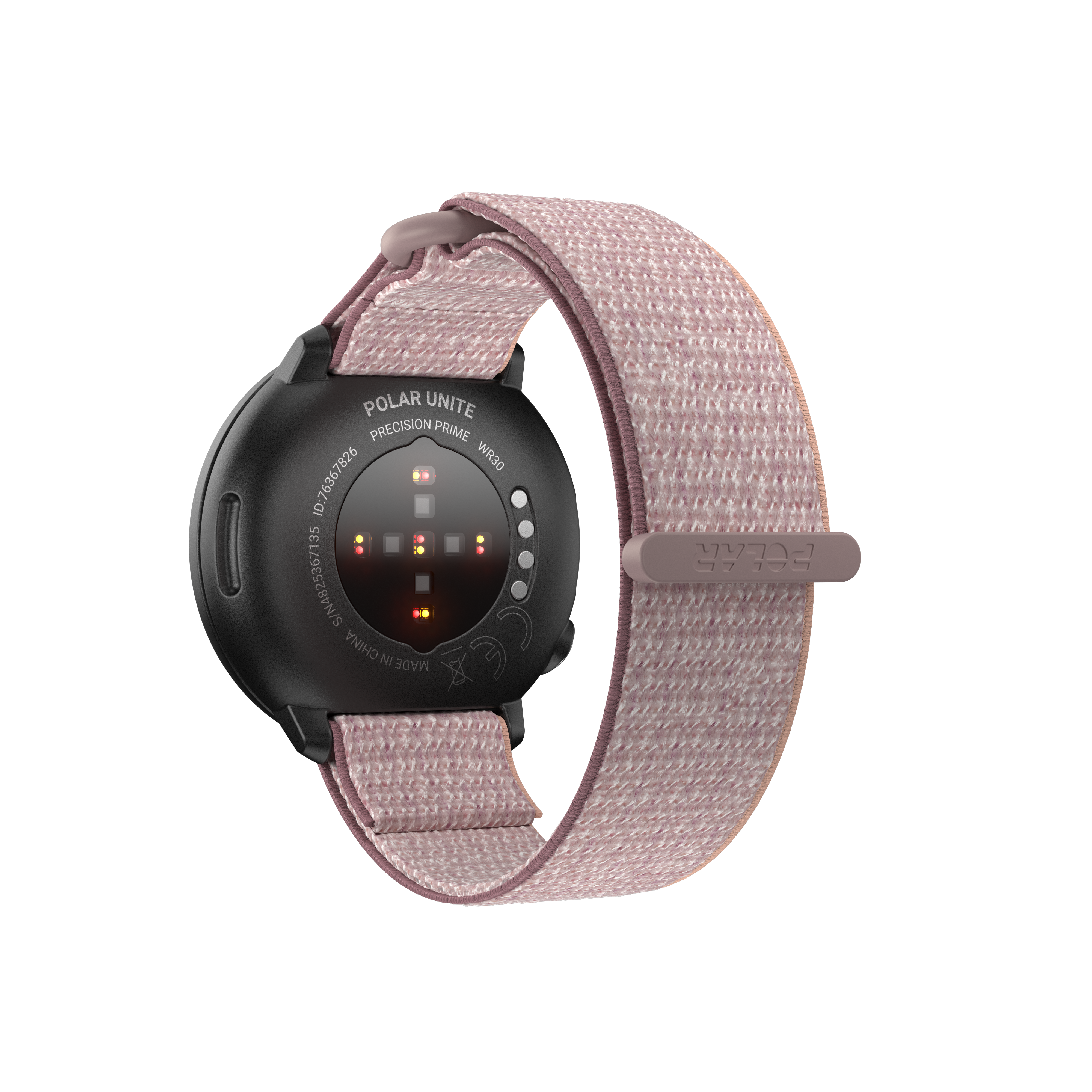 Un smartwatch negro con correa rosa, mostrando la parte trasera del reloj, en primer plano.