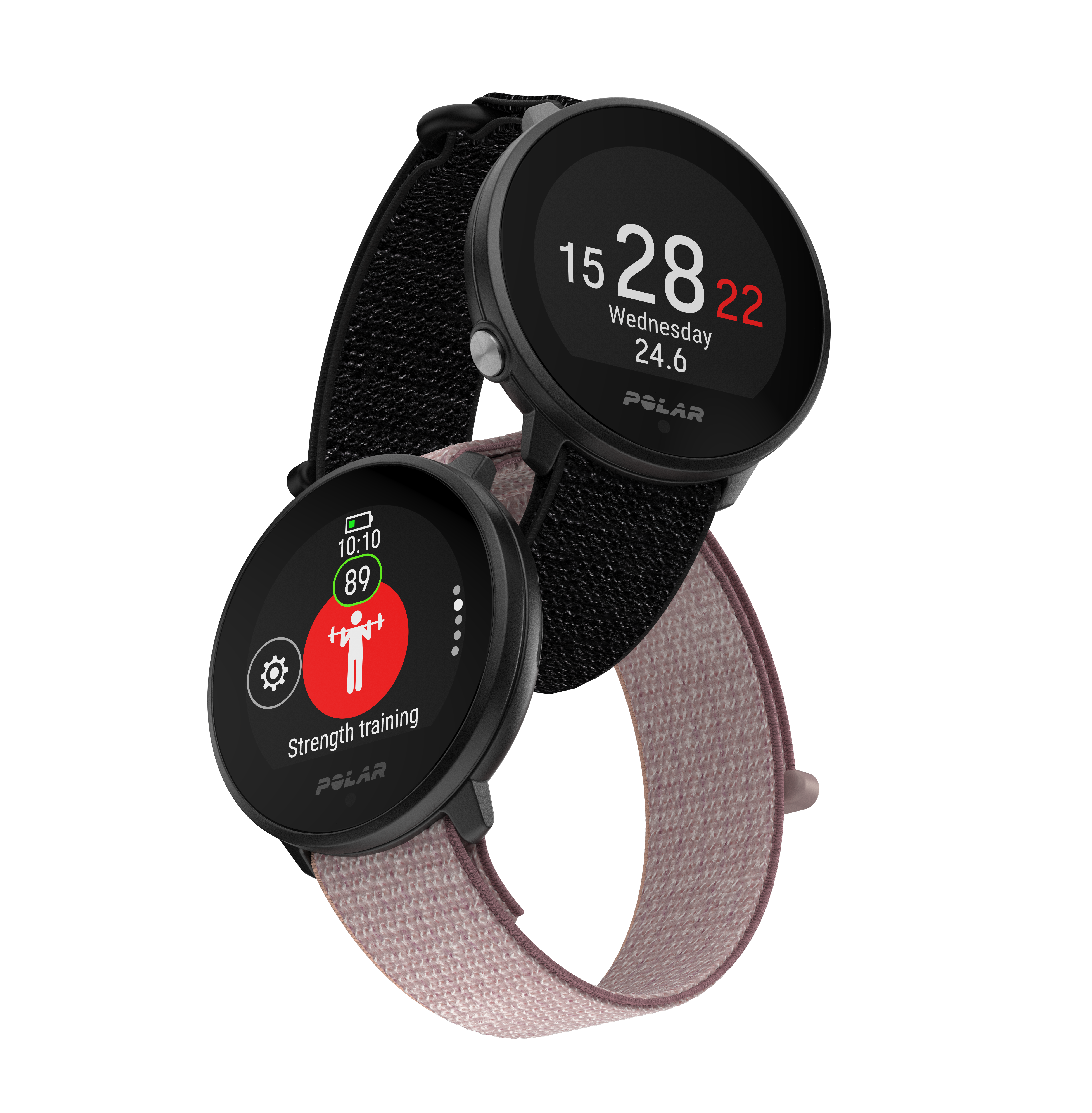 Dos smartwatches negros con correas rosas y negras que muestran la hora y datos de fitness.